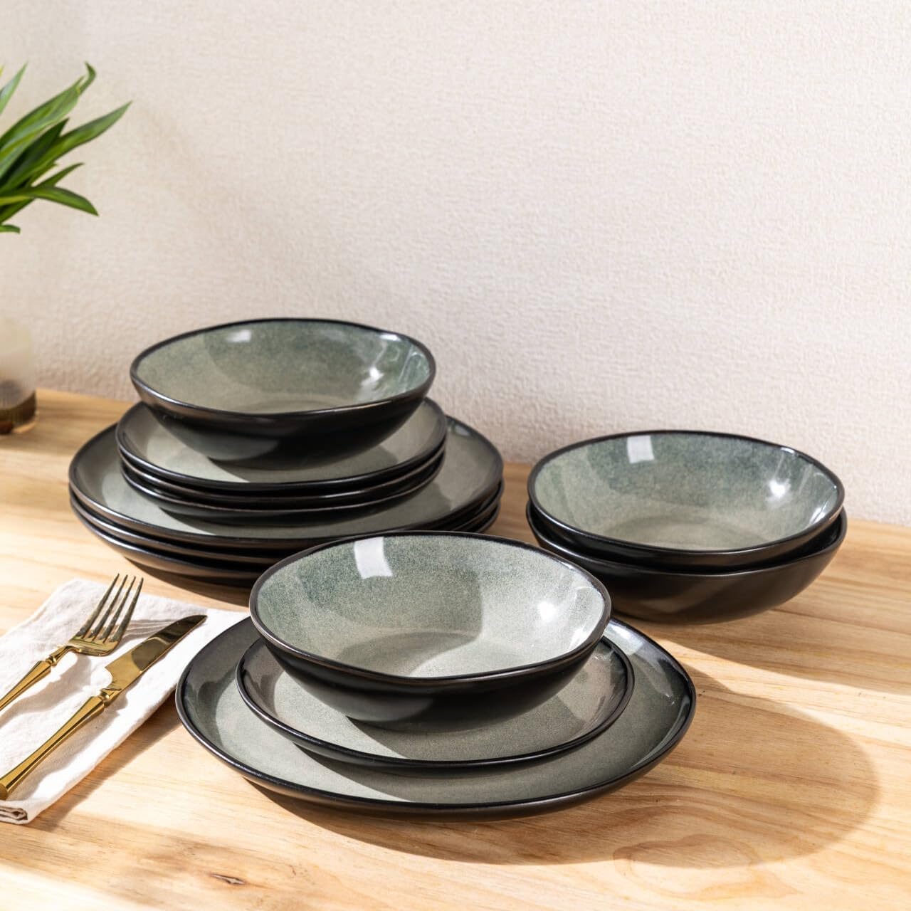 AmorArc Ceramic Dinnerware Sets,Handmade Reactive Glaze Stoneware Plates and Bowls Sets,Highly Scratch Resistant | Dishwasher & Microwave Safe Dishes Set,Service for 4 (12pc)