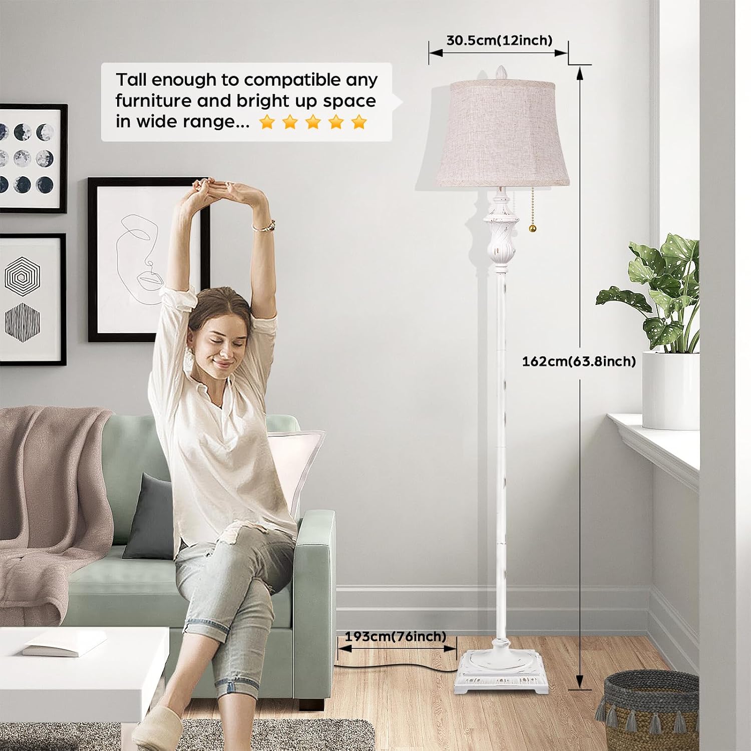 TOBUSA Rustic Vintage White Floor Lamp for Living Room Bedroom, 64inch Traditional Tall Floor Lamp with White Linen Shade, Retro LED Standing Pole Lamp Upright Floor Light for Home Decor, Pull Chain