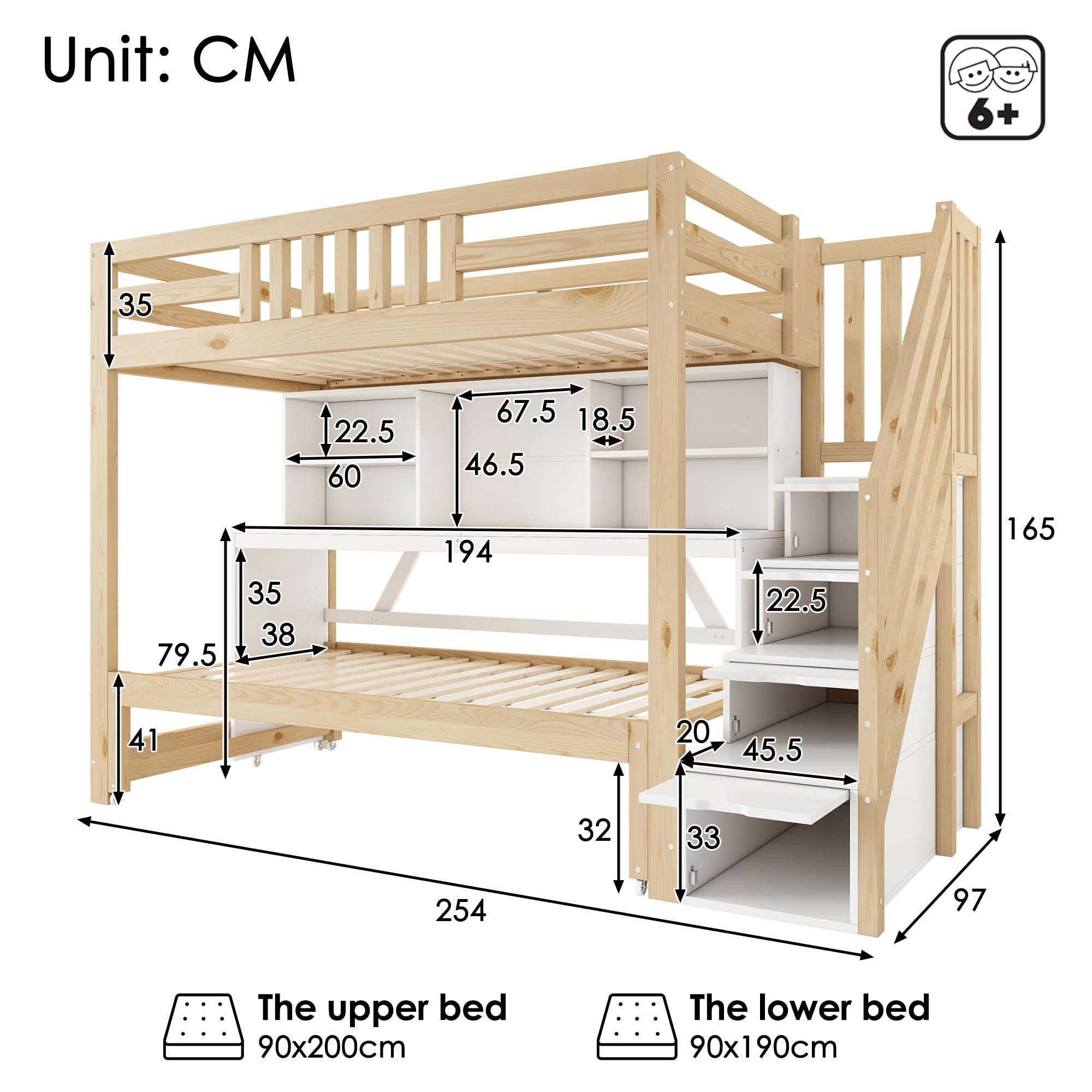 Lit Superposé Enfant 90x190/200cm avec Bureau de Mobile et Lit, Lit Mezzanine 2 Places avec Escalier de Rangement et Étagère Ouvert, Barriere de Sécurité, Sommier à Lattes, sans Matelas (Blanc-12A)