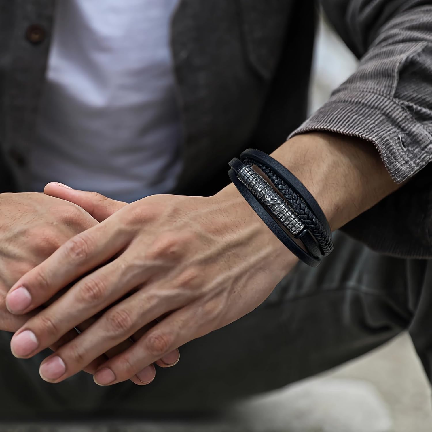 Mens Leather Bracelet Viking Multi-Layer Braided Wristband Bangle Stainless Steel Buckle Jewelry Gifts for Him - Image 2