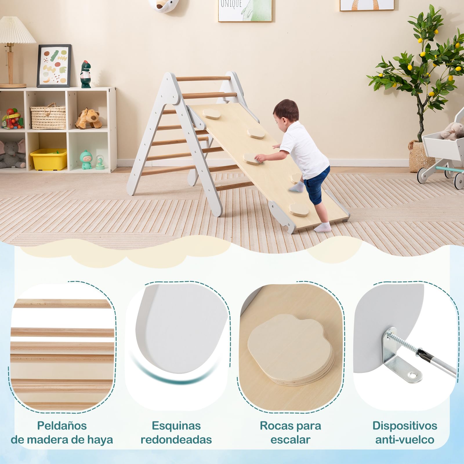 COSTWAY 3 en 1 Triángulo de Escalada con Rampa Ajustable para Escalar y Deslizarse, Escalador Triangular de Madera, Juguetes Triangulares de Escalada para Niños