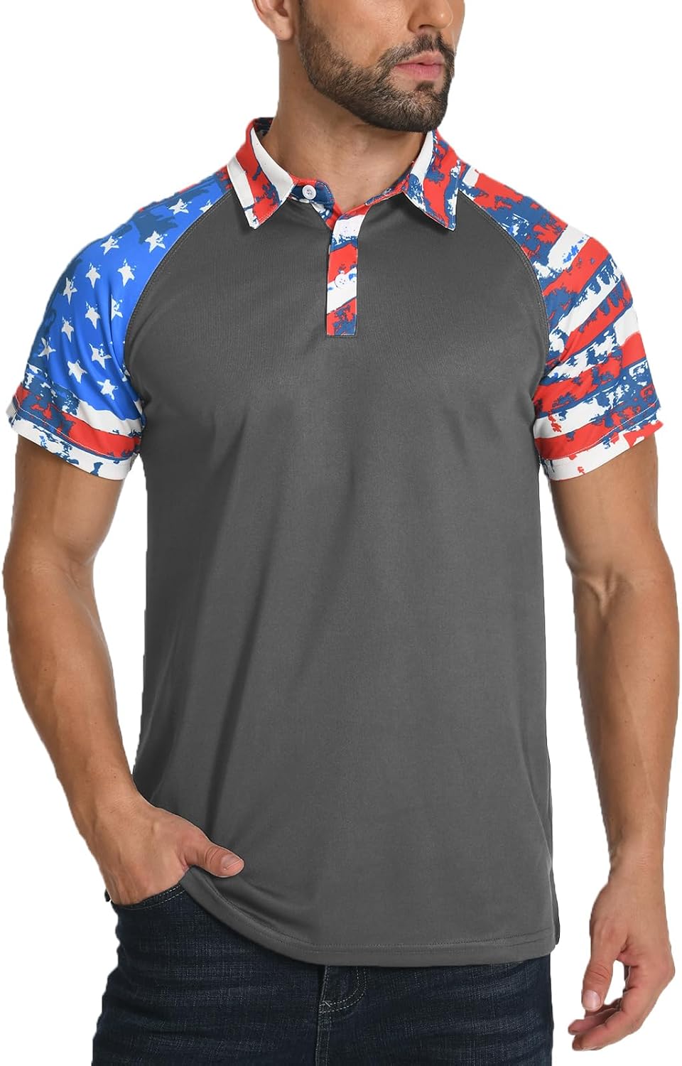 h hyfol short sleeve polo shirts for men star patchwork graphic stretch casual american patriotic raglan golf polos for men 14-grey x-large