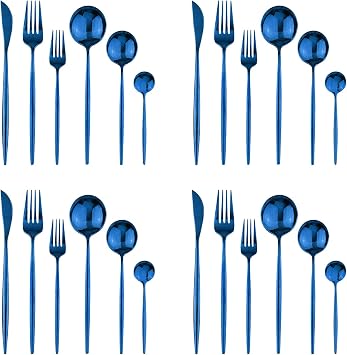 24Pcs Blue Mirror Silverware Flatware Set, 18/0 Stainless Steel Cutlery Set Utensils Kitchen Dinnerware Include Knife Fork Spoon and Teaspoon, Service for 4