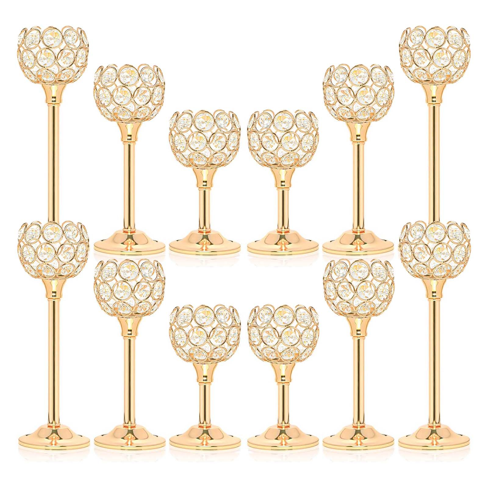Kehail 12pcs Bulk Crystal Candle Holder Set, 3 Sizes Tealight Candlestick Holders, Elegant Gold Candelabra for Wedding Table Centerpiece, Fireplace,