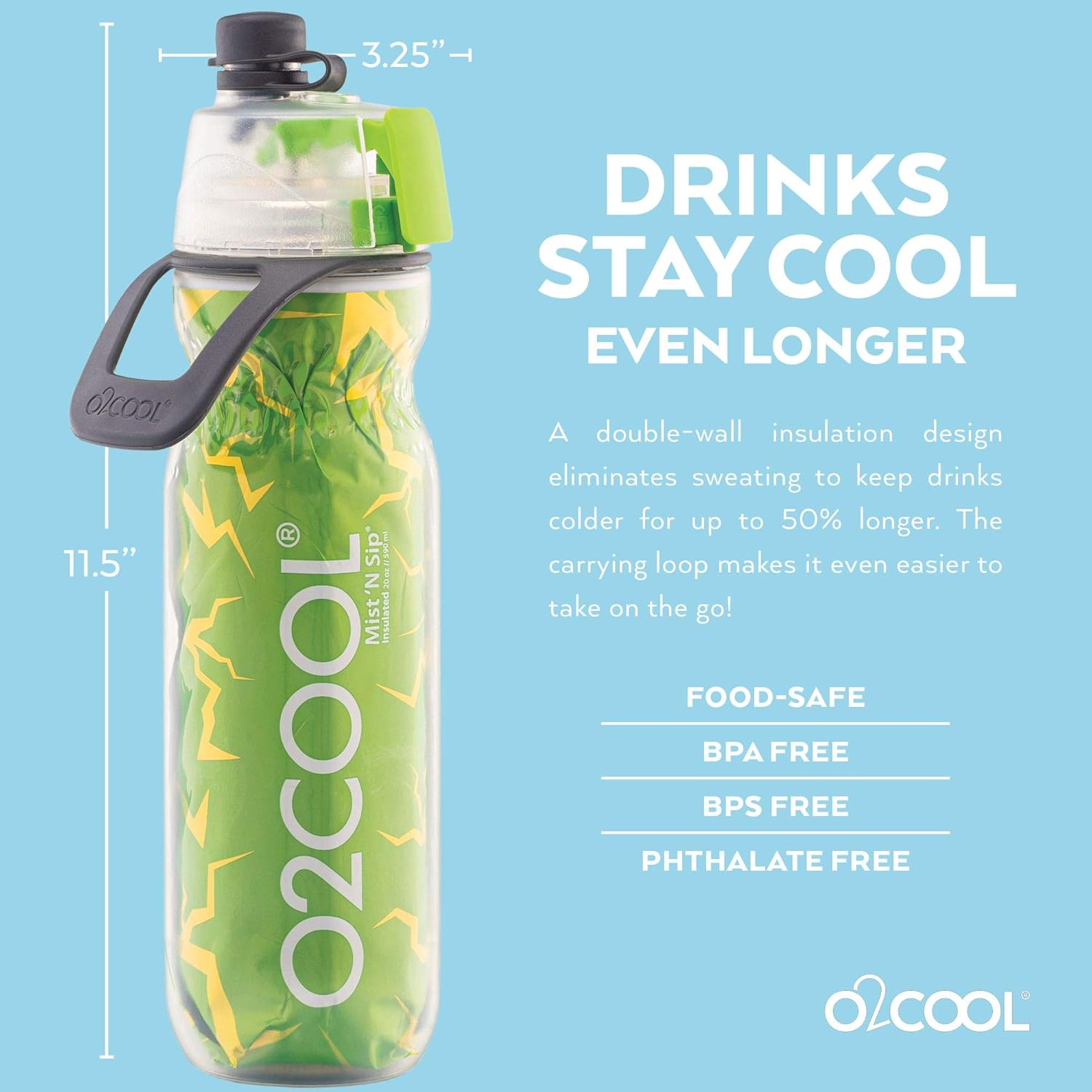 o2cool mist 'n sip misting water bottle 2-in-1 mist and sip function with no leak pull top spout reusable sports water bottle - 20 oz (crackle green)