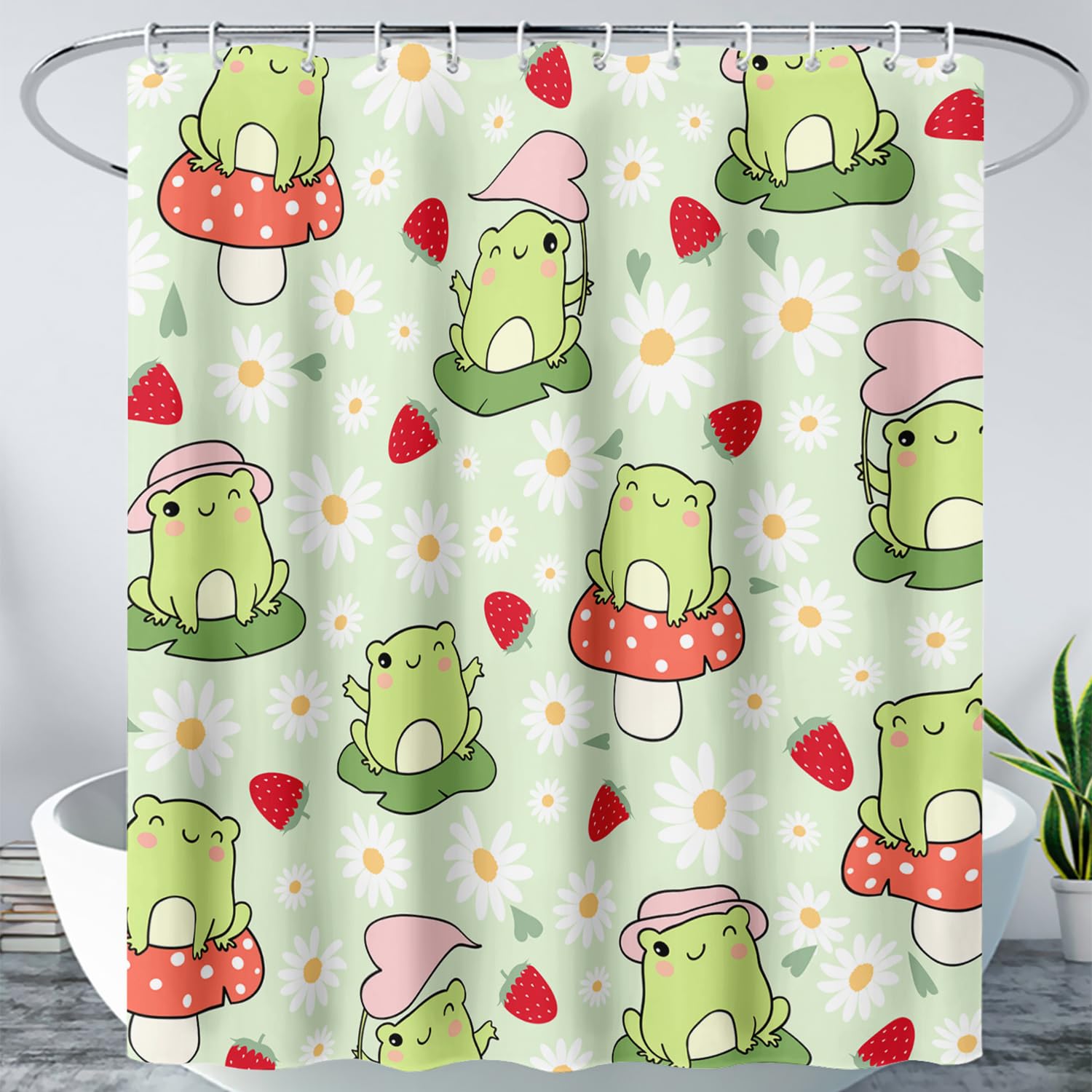 AILONEN Cute Frog Shower Curtain for Bathroom, Kawaii Strawberry and Frog Bath Curtain,Mushroom Frog Kids Girls Waterproof Curtain with 12 Plastic Hooks(48