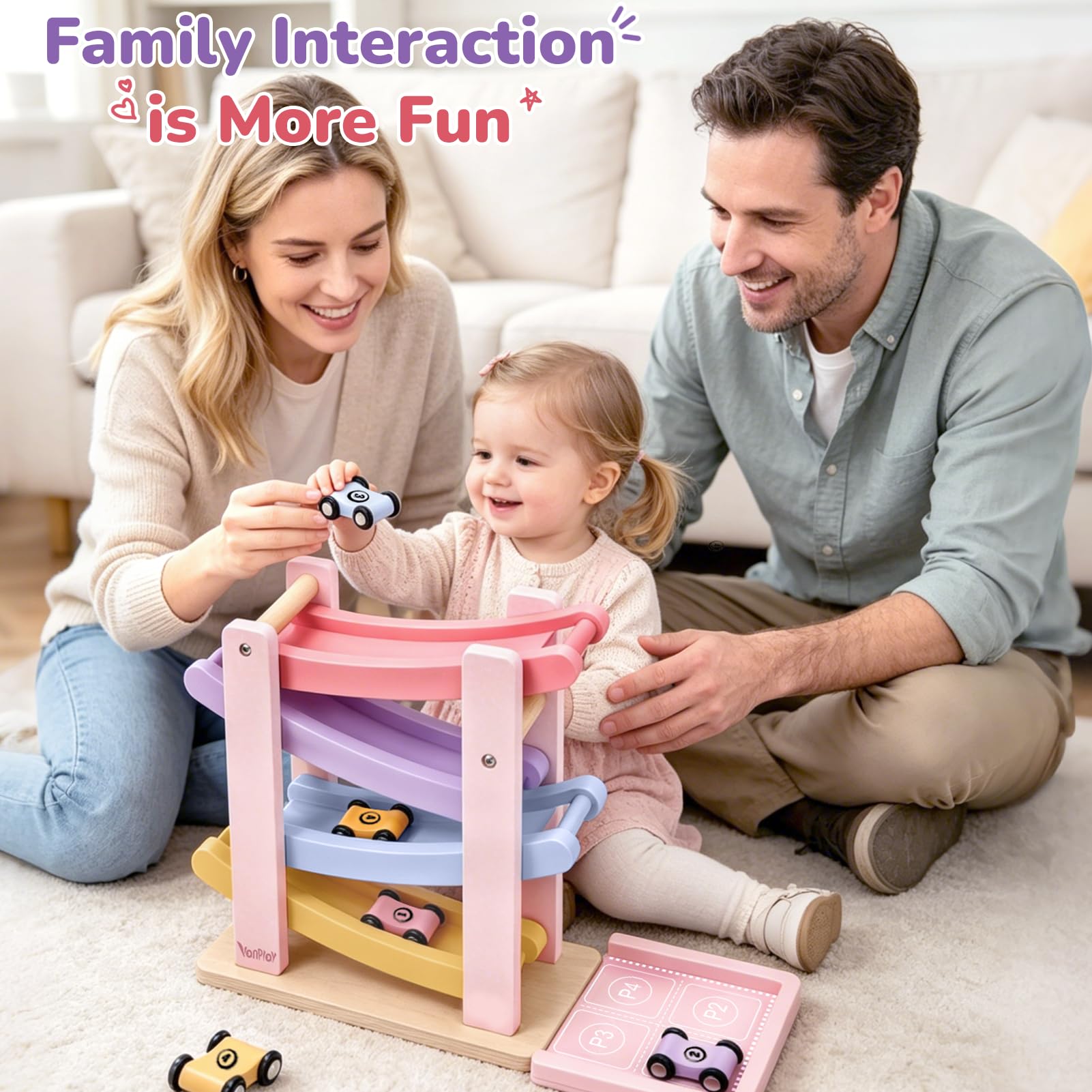 Vanplay Montessori Giocattolo per auto a partire da 1 anno, giocattolo in legno, a partire da 1 a 2 anni, regalo per bambini e bambine (Rosso)