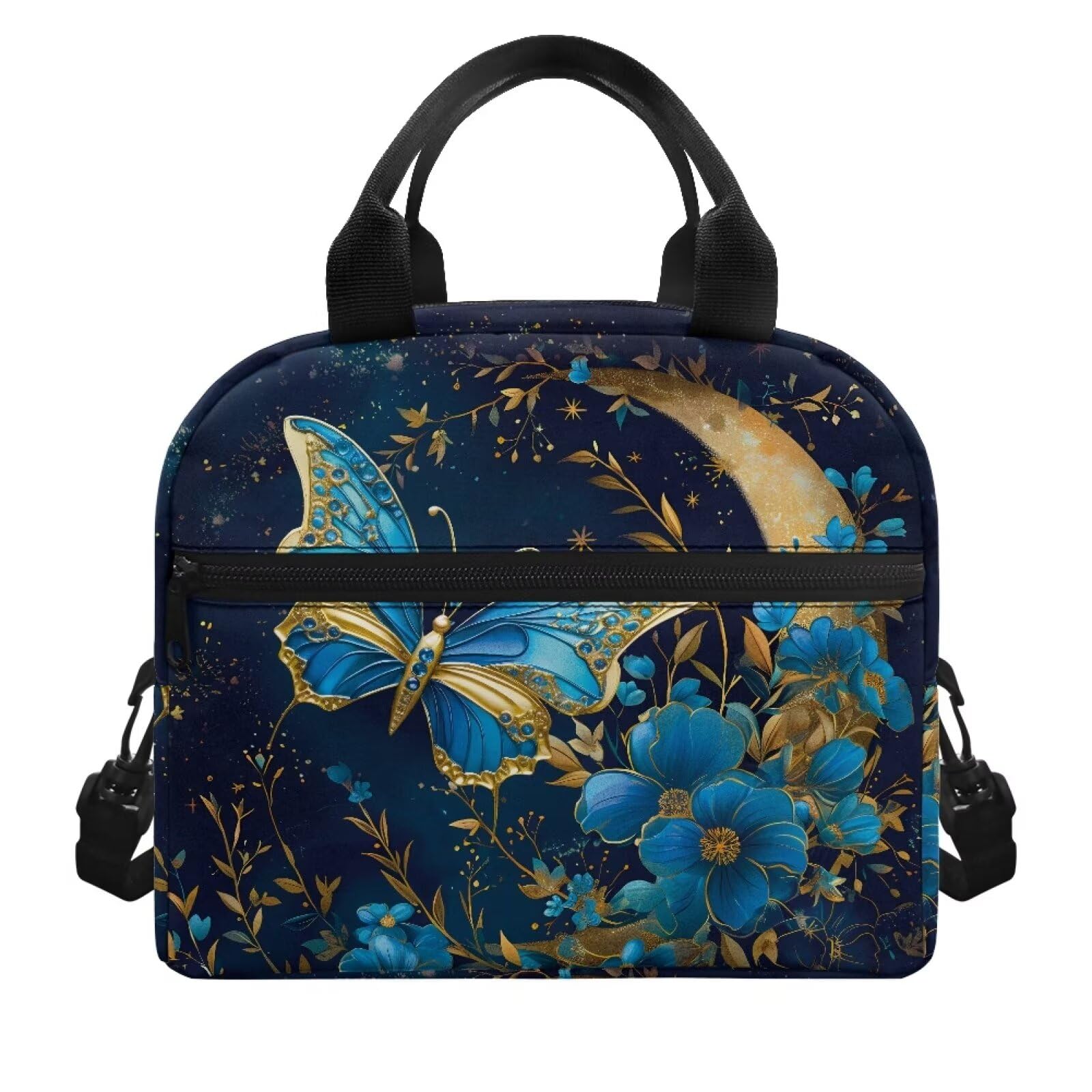 Lindas bolsas de almuerzo con diseño de mariposa azul para adolescentes y niñas, lonchera pequeña aislada para mujer, con correa y cremallera, bolsa de almuerzo reutilizable para el trabajo
