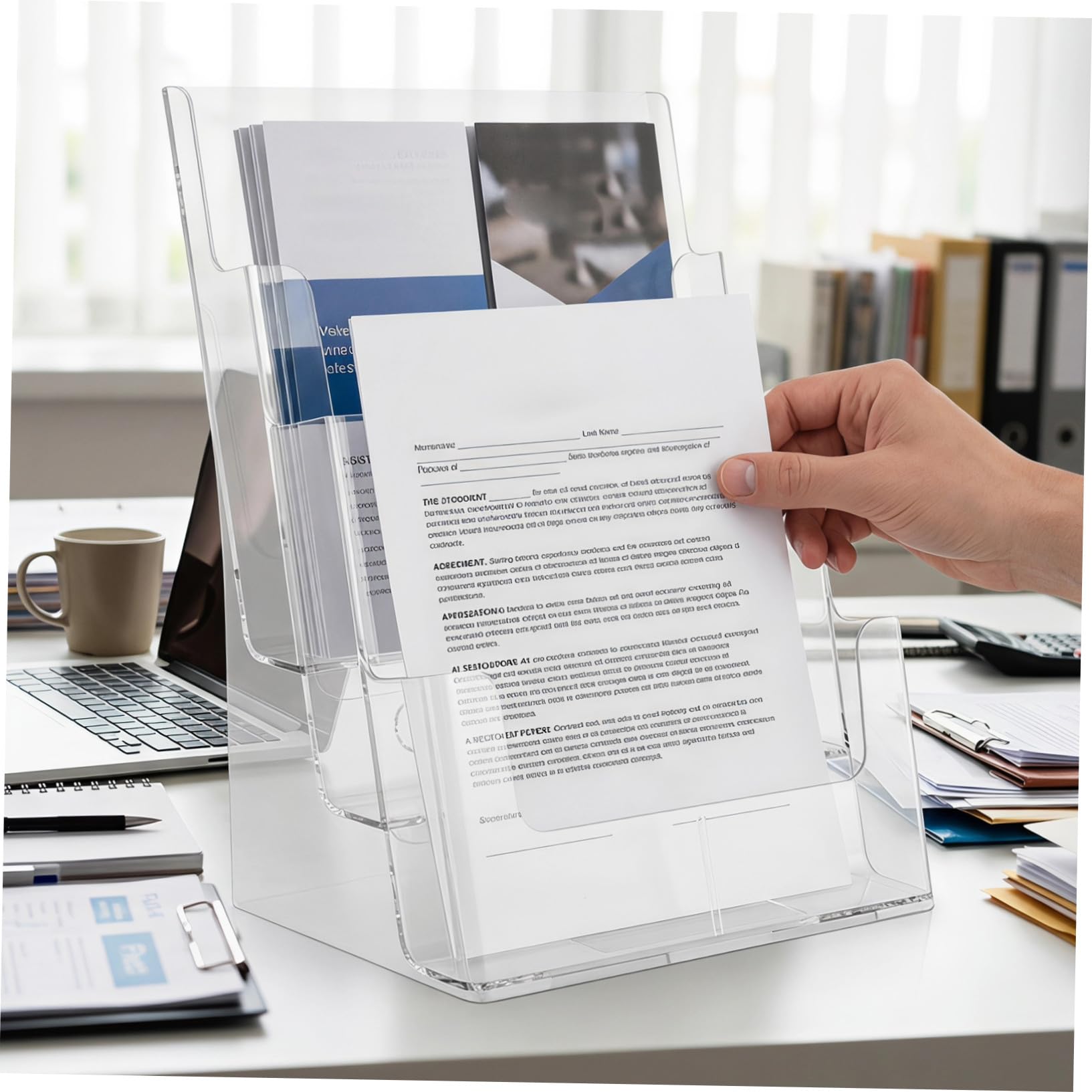 HOMSFOU Porta Brochure e Porta Riviste a Tre Strati in Acrilico Trasparente, Organizzatore da Scrivania per Ufficio Scaffale Portaoggetti, Supporto per Archiviazione Documenti e Forniture