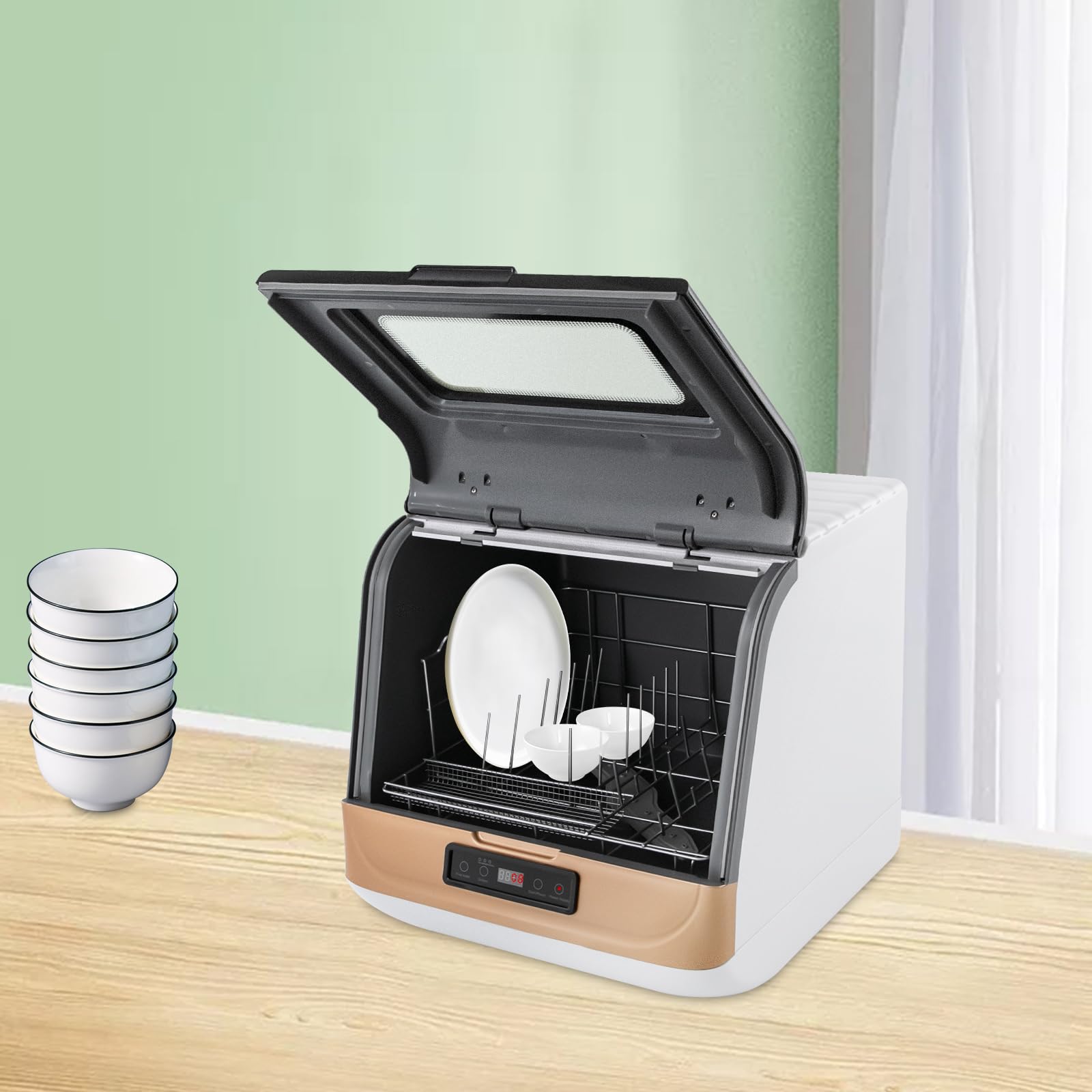 Gold - Lavastoviglie da tavolo moderna, mini lavastoviglie, con 360°, asciugatura, per appartamenti e caravan, 800 W