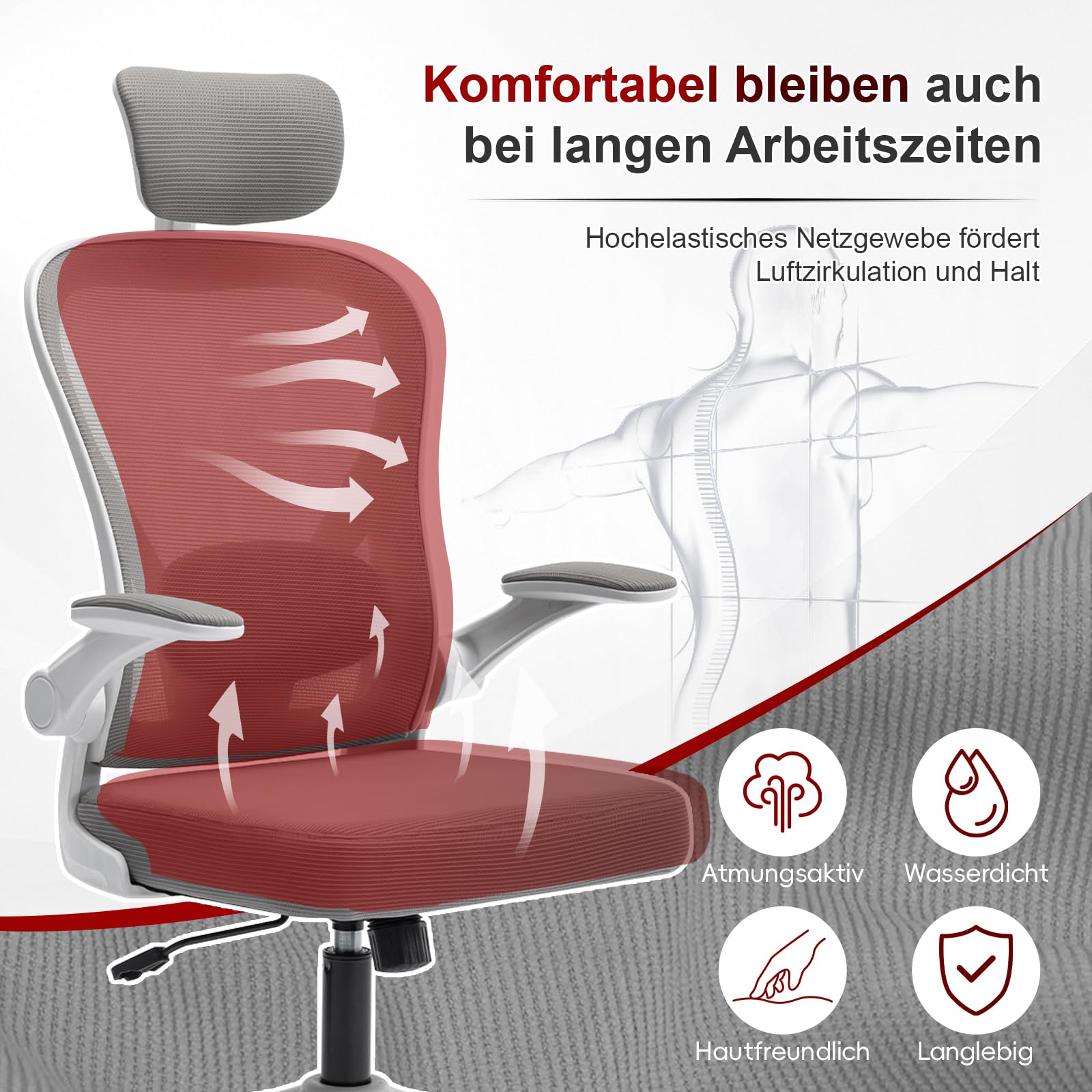 Ergonomischer Bürostuhl für Homeoffice, Schreibtischstuhl mit Verstellbarer Lendenstütze & Kopfstütze, Netzstuhl mit klappbaren Armlehnen, Computerstuhl für Büro, Lernen und Gaming, Grau