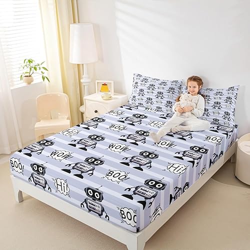 Miniatura 8 de Erosebridal Juego de ropa de cama de robot para niños, tamaño matrimonial, juego de sábanas para dormitorio, sábanas de microfibra suave con diseño