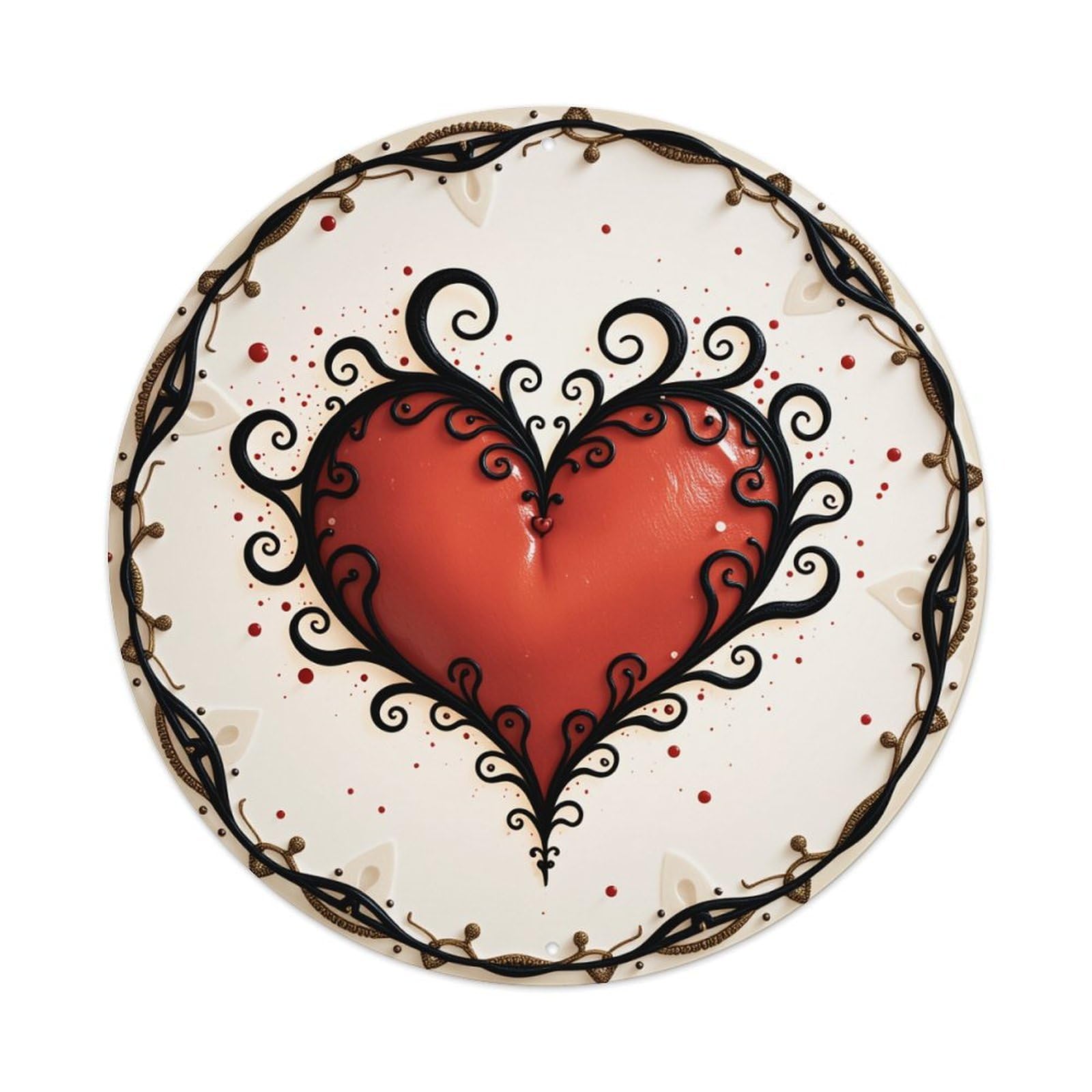 Heart With Swirls And Dots Round Tin Sign Vintage Metal Poster, Home Bar Garage Man Cave Cafe Indoor & Outdoor Wall Decoration 8x8Inches