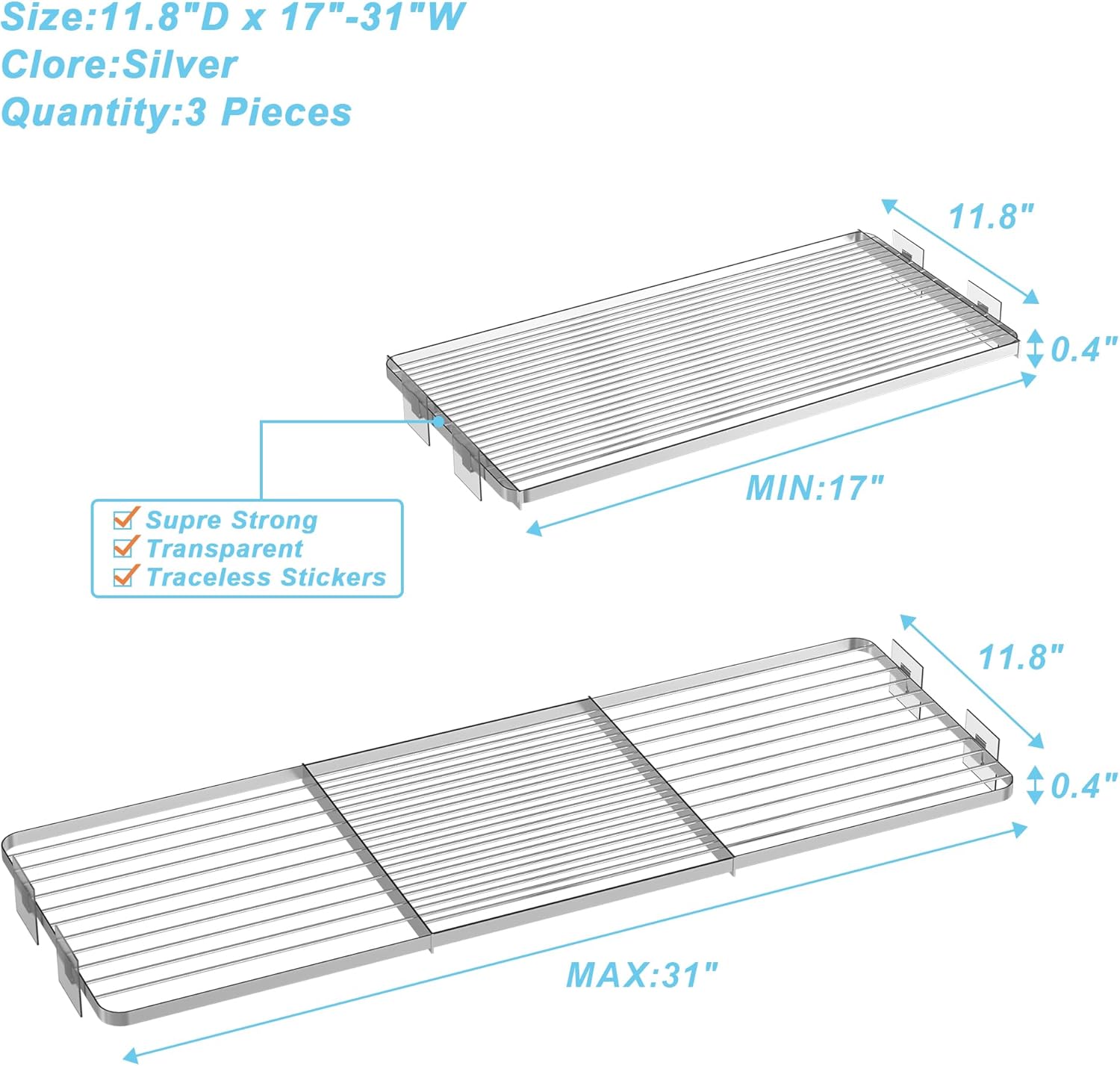 拡張可能なクローゼットオーガナイザーシェルフ、調節可能なロッドメタルストレージシェルフディバイダーワードローブ食器棚キッチン用(シル
