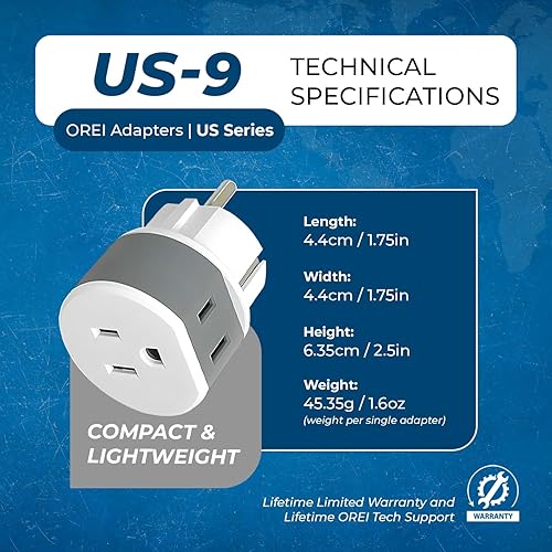Miniatura 6 de OREI Adaptador de enchufe Schuko de Alemania, Francia, con 2 entradas de EE. UU., paquete de 3 unidades, tipo EF (US-9), uso seguro a tierra con