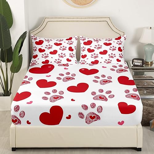 Miniatura 4 de Juego de sábanas bajeras para parejas, tamaño Queen, con estampado de patas de gato, perro, corazón, amor, corazón, día de San Valentín, boda,