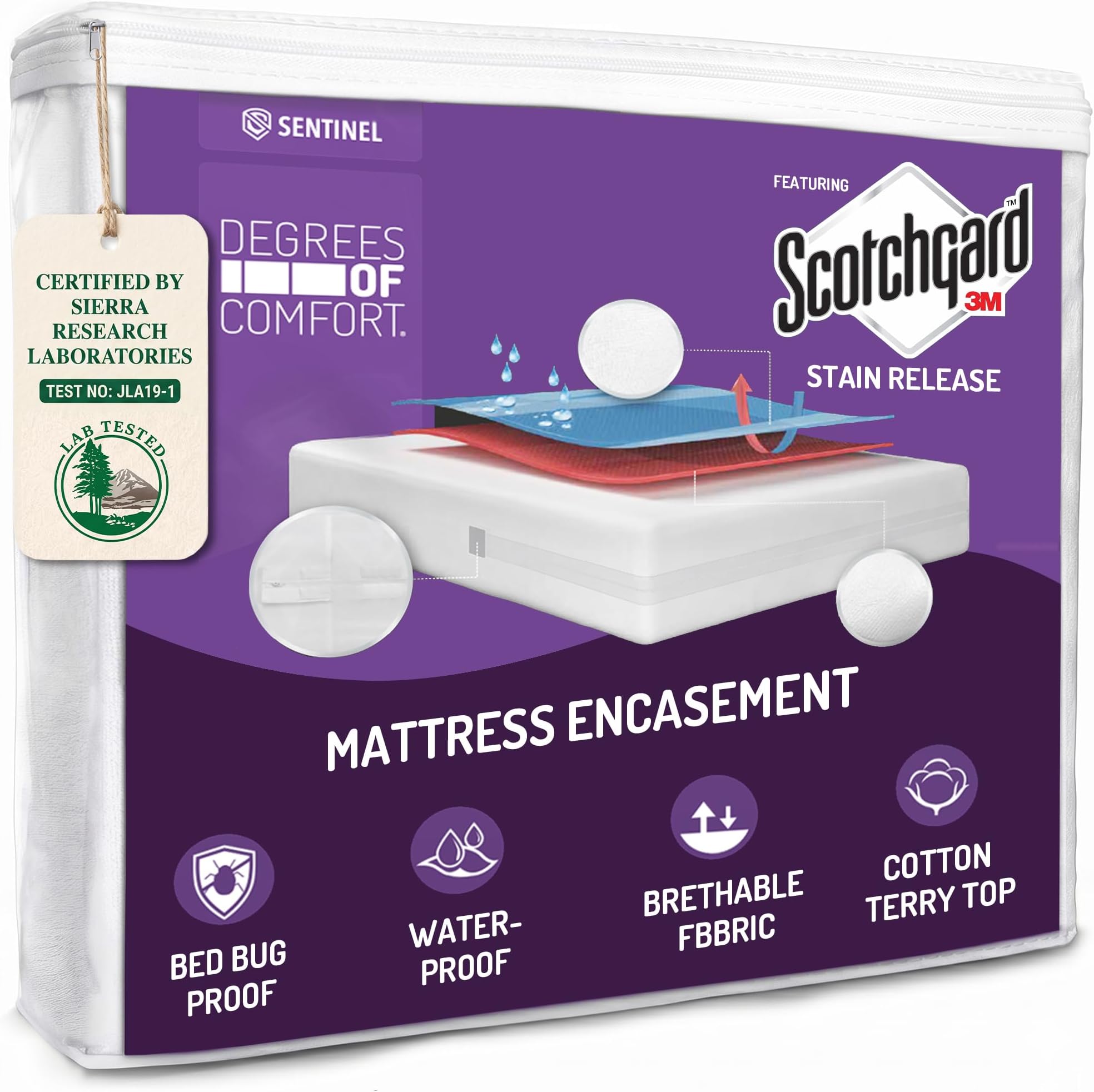 Degrees of Comfort Bed Bug Mattress Cover Queen Size - 9-12" Standard Profile 3M Scotchgard Waterproof Zippered Encasement Protector, Breathable Cotton Terry Top