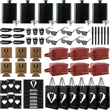 66 Pcs Groomsmen Proposal Gifts Set of 6 Gift Bags with Flasks Shot Glasses Sunglasses PU Leather Toiletry Bag Bottle Opener Combs Coasters for Wedding Groomsman Best Man Bachelor Party