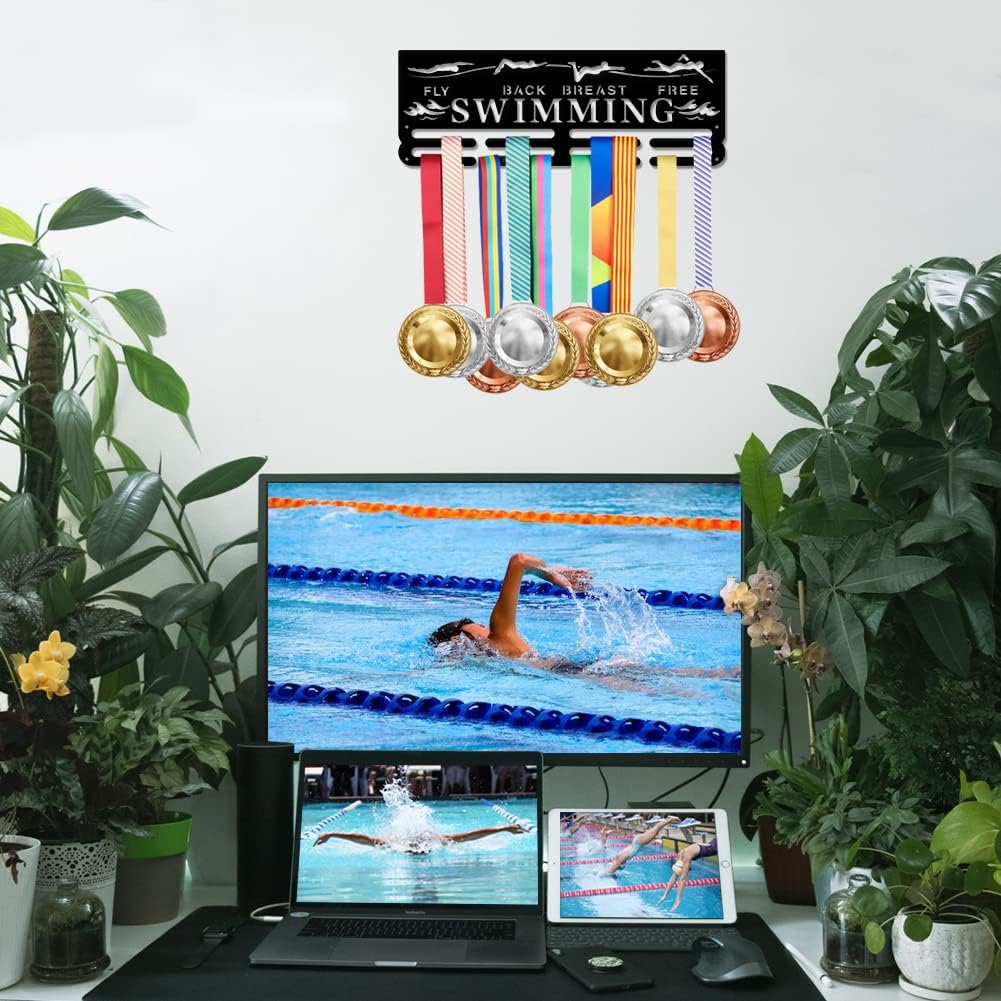 SUPERDANT 4 Style Swimming Metals Holder Display Swimming Fly Back Breast Free Medal Hanger Medals Display Sports Ribbon Wall Mounted Award Holder Gifts for Athletes Kids 15.75x6in