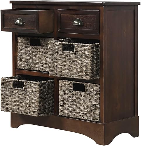 Miniatura 24 de Armario de almacenamiento rústico con dos cajones y cuatro cestas clásicas de ratán, mesa de consola de entrada de granja, mesa de sofá para sala de
