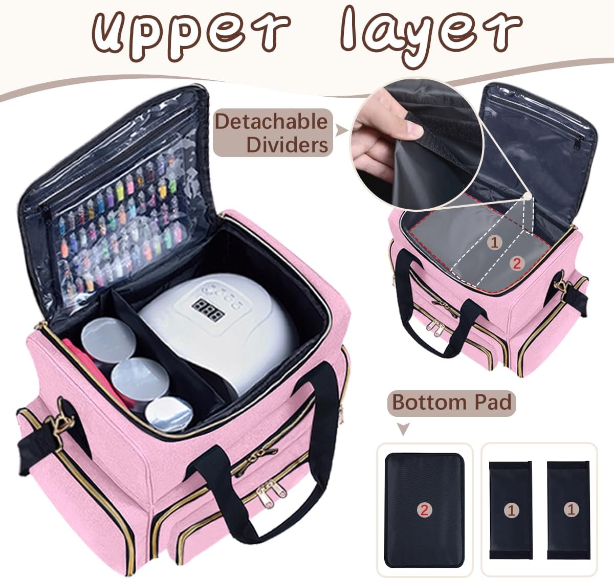 Nail Polish Case Organizer Large Capacity Travel Storage Box 80 Bottles(15ml/0.5fl.oz) with 2 Detachable Bags for Nail Tools Essential Oils and Cosmetics Sets Pink