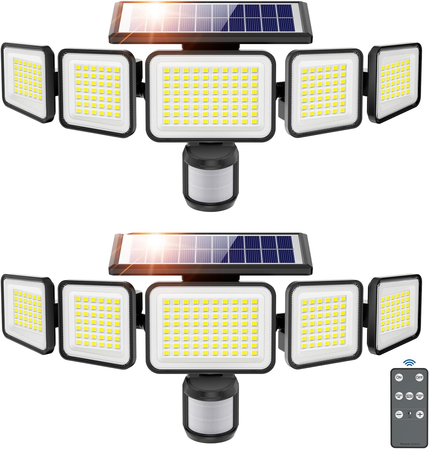 Photo voltaic Lights Outside, 4000LM 5 Heads Movement Sensor Outside Lights, 236 LEDs, 3 Mode, IP65 Waterproof Safety Wall Lights, Distant Management Flood Lights for Graden, Yard, 2 Pack