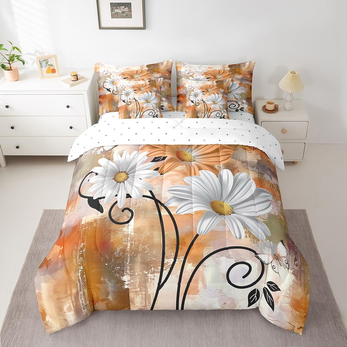 Rustic Farmhouse Comforter Sets Farm Floral Bedding Set 7 Pieces Country Fall Flower Bed In A Bag for Bedroom Decor,Flowers Butterfly Wooden Bedding Yellow Grey Orange Sheet Set With Comforter,Full