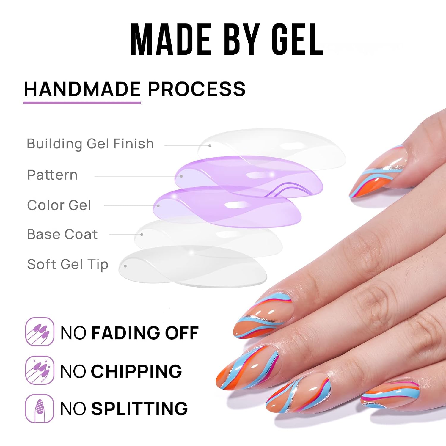 Press On Nails Almond - Perfect Fit Press On Nails Medium Made by Soft Gel, BTArtbox Blue Swirl Glue On Nails with Nail Glue, Reusable Stick On Nails, 15 Sizes, 30Pcs Fake Nails Kit, Butterscotch