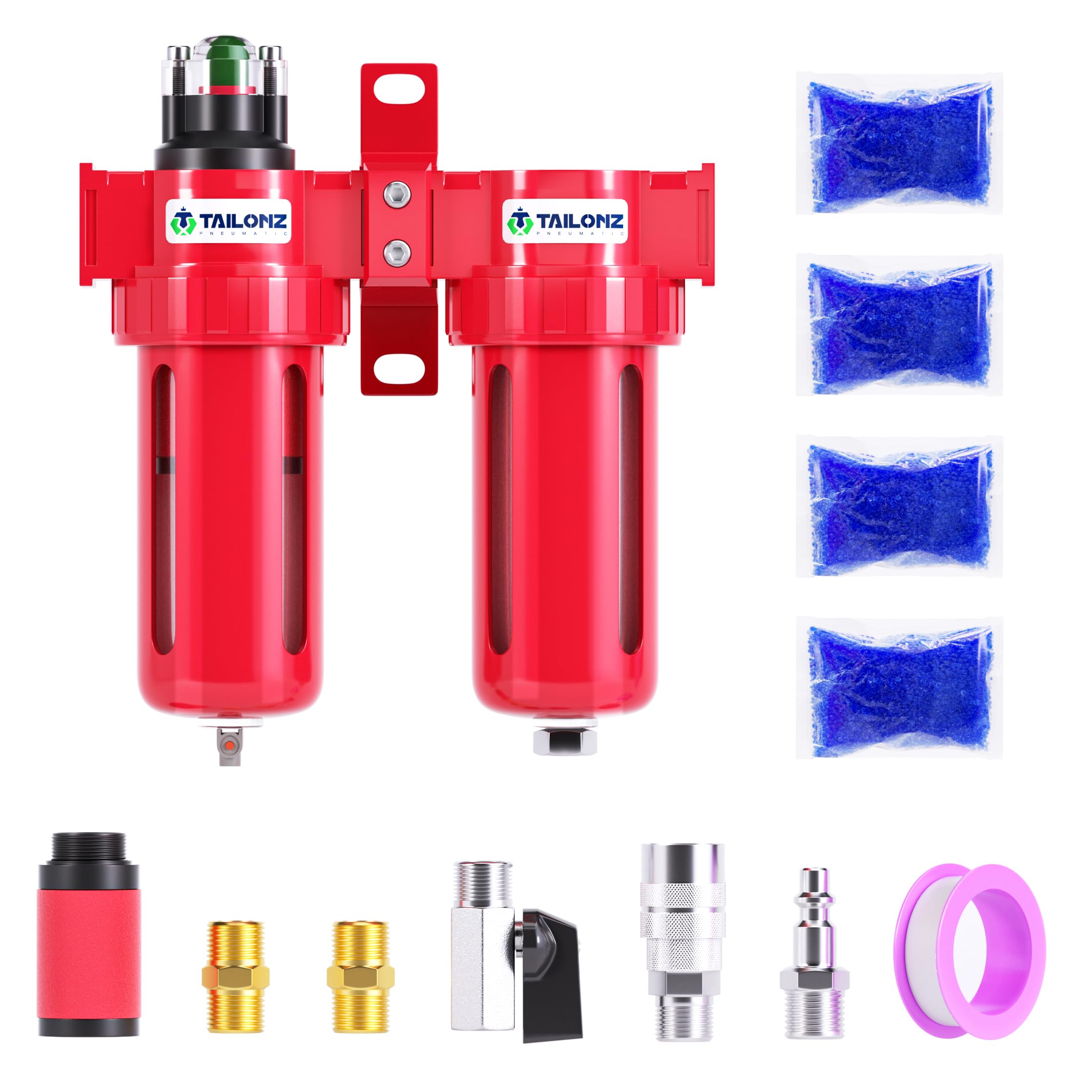 TAILONZ PNEUMATIC Sistema de secado de filtro de aire de aleación de aluminio NPT de 0-150 PSI, filtro de partículas, filtro coalescente, filtración y secado de secadora desecante