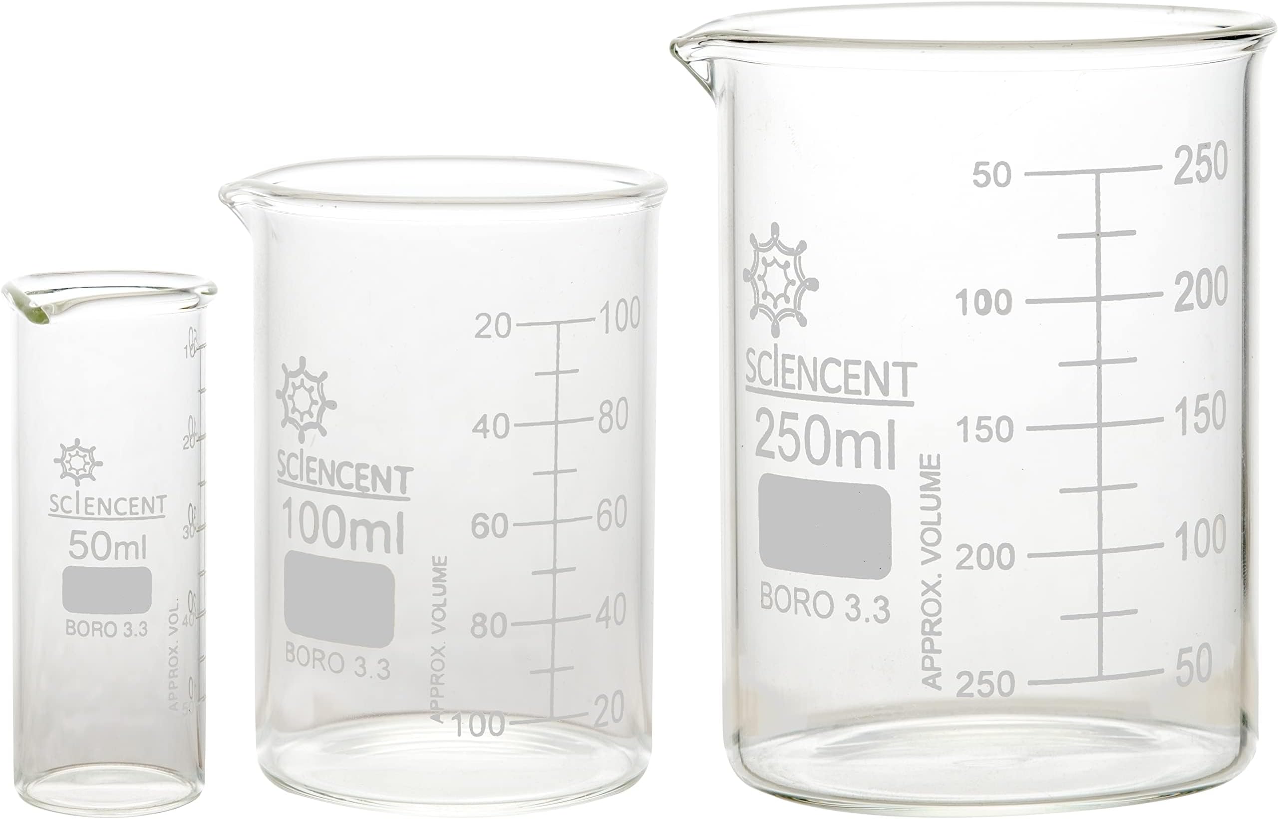 Pack of 3 Glass Beaker Borosilicate Thick Low Form - 50ml, 100ml, 250ml