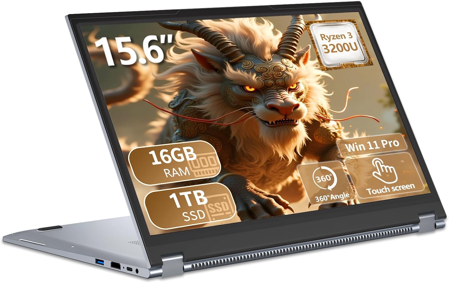 Ordenador Portátil 2 en 1, PC Portátil R3 3200U CPU, Win 11 Portatil 16 GB RAM 1TB SSD, 15,6 Pulgadas Laptop Pantalla Táctil Giro de 360°, Radeon Graphics GPU, RJ45+TipoC+USB 3.0+Mini-HDMI+Webcam