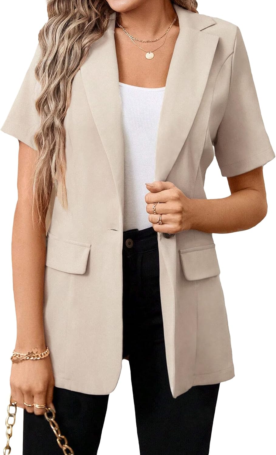 Mina Self 2026 Spring Women's Short Sleeve Blazer Jacket - Long Lightweight Fully-Lined One-Button Work Casual Fashion Pocket