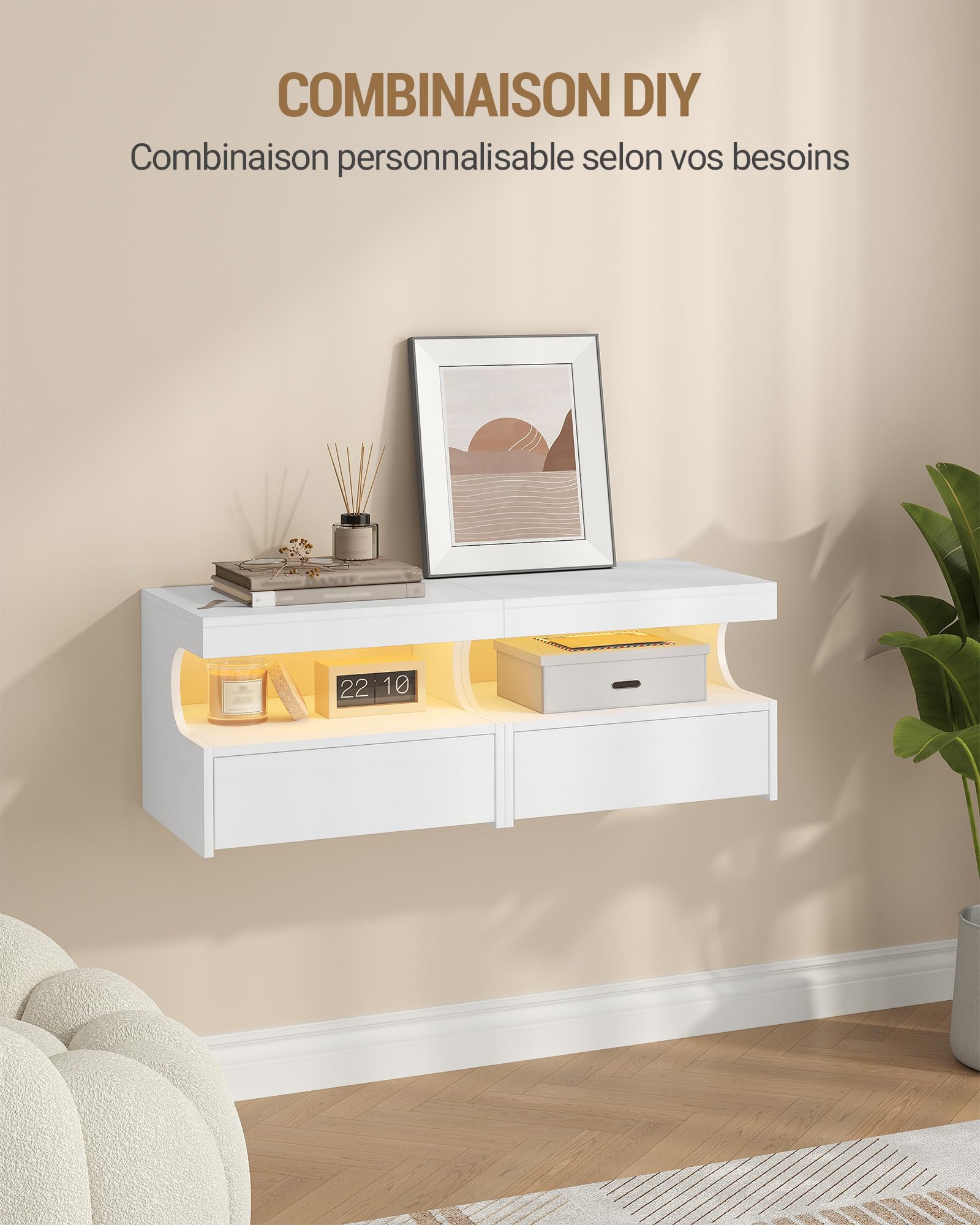 Hzuaneri Table de Chevet Suspendue Lot de 2, Table de Nuit Suspendue LED, Tables de Chevet Murale avec 1 Tiroir Coulissant avec Espace Ouvert, Moderne, pour Chambre à Coucher, Salon, Blanc NS50403XEU