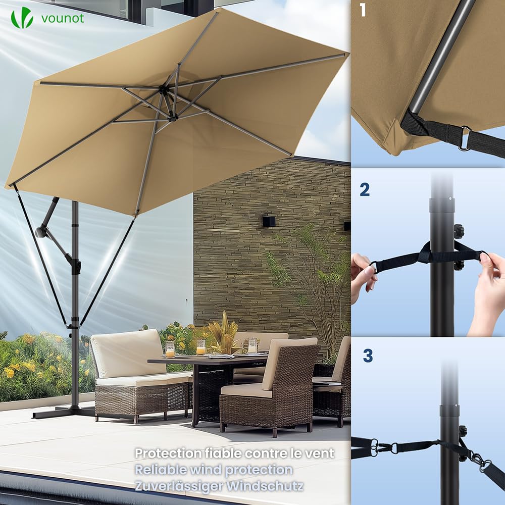 VOUNOT Ombrellone da Giardino Decentrato 3M con Base a Croce e Cinghia Antivento Protezione UV Cachi