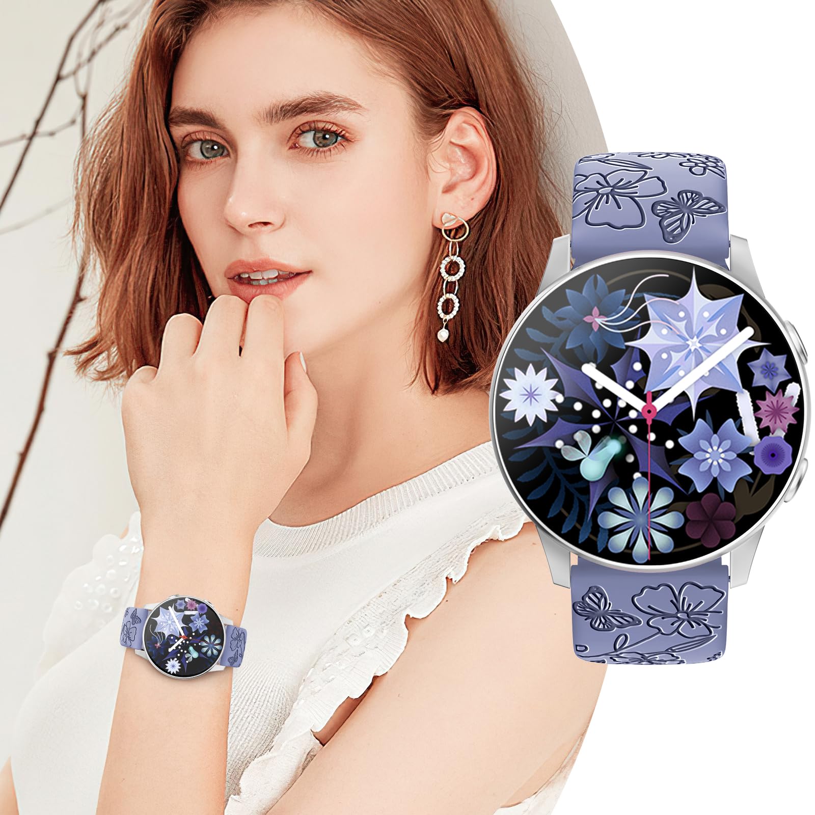 AMSKY 3 Pezzi Fiori Cinturino Compatibile con Samsung Galaxy Watch 7/4/6/5 40mm 44mm, Watch 6/4 Classic 43mm 47mm 42mm 46mm, Watch 5 Pro 45mm, Watch 3 41mm, Cinturino 20mm in Silicone per Donna