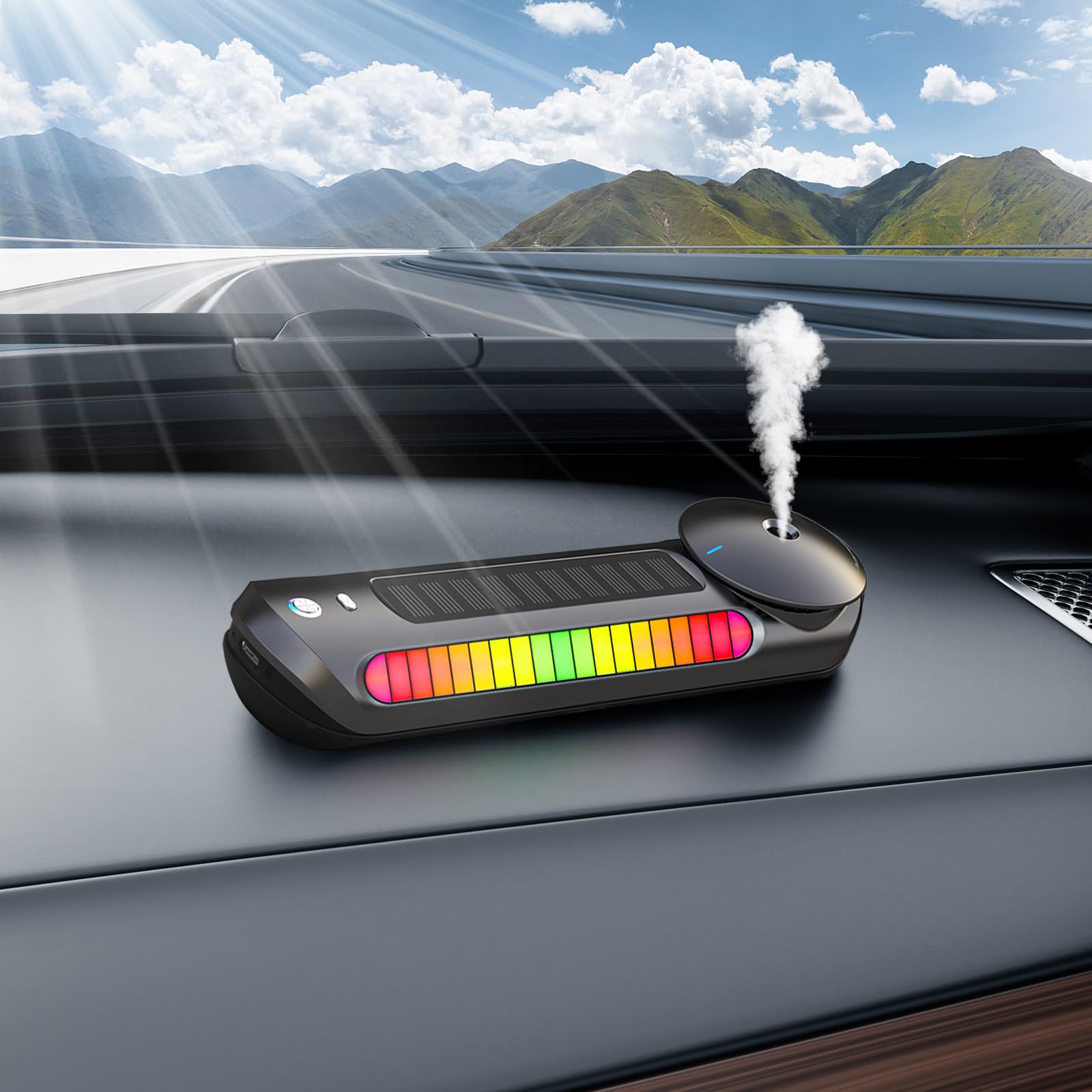 Smart Car Air Freshener with Solar, Car Diffuser with Auto On/Off, 3 Adjustable Concentration, Built-in Battery, Ambient Light, Best Essential Oil Diffuser for Car Best Gift(Black)