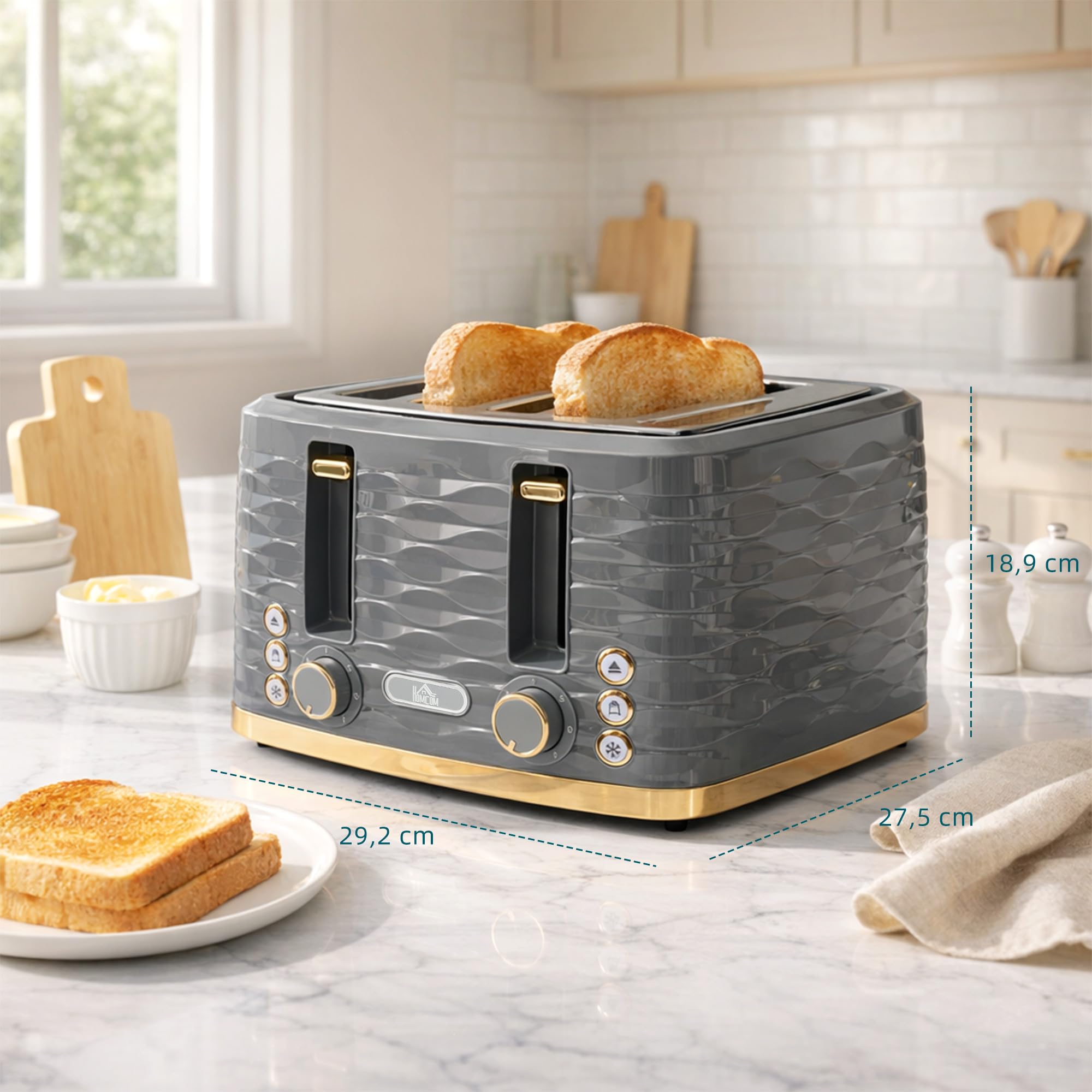 HOMCOM Tostapane a 4 fette con 7 livelli di doratura, alta sollevamento, funzione riscaldamento/scongelamento/demolizione, autocentrante, cassetto raccogli briciole estraibile, spegnimento automatico