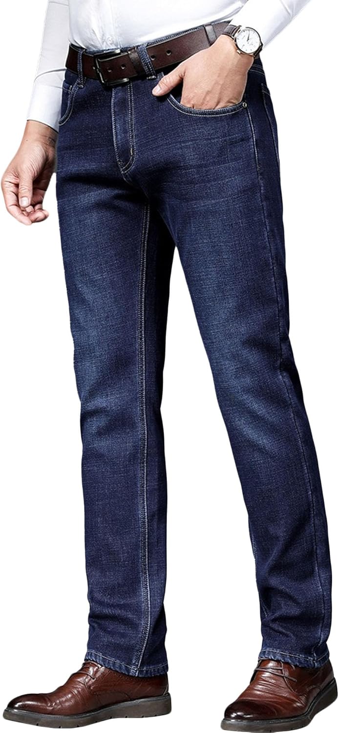 Men Mid Rise Business Stretch Jeans Casual Loose Thick Straight Denim Pants Y2K Classic Stretch Commute Trousers