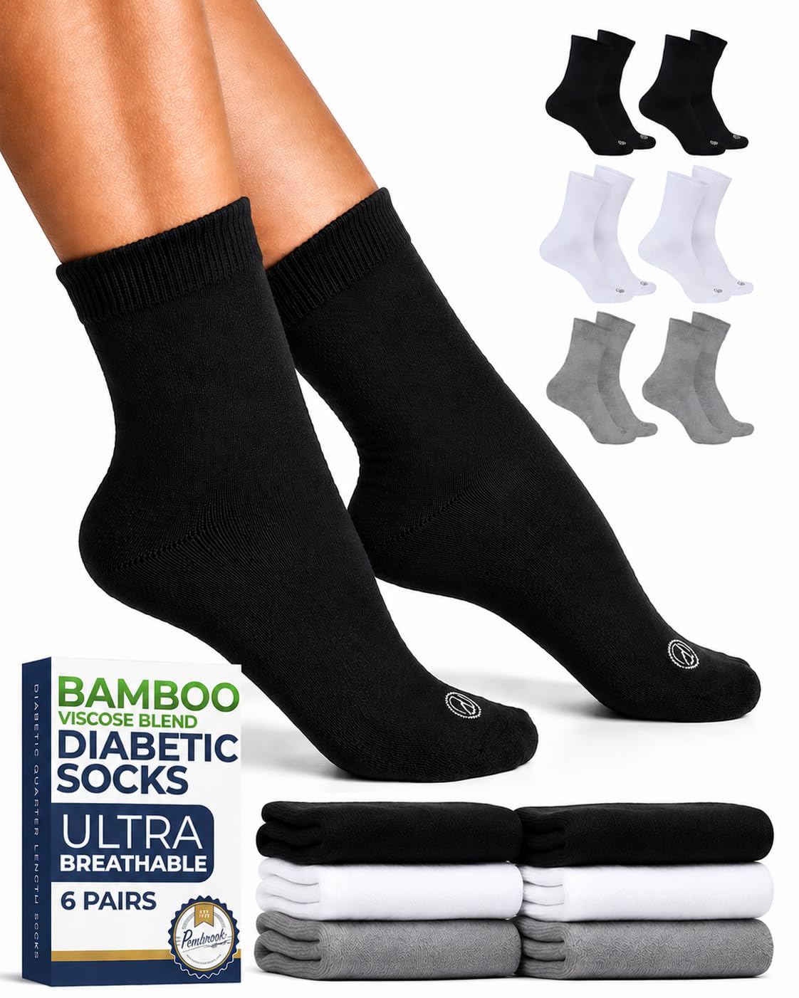 Pembrook® Bamboo Viscose Diabetic Socks for Women and Men - 6 Pairs