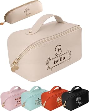 Custom Makeup Bag Large Capacity Personalized Travel Cosmetic Bag Women Customized PU Leather Toiletries Organizer Bags with Name Monogram Gift for Valentines Mothers - Printed