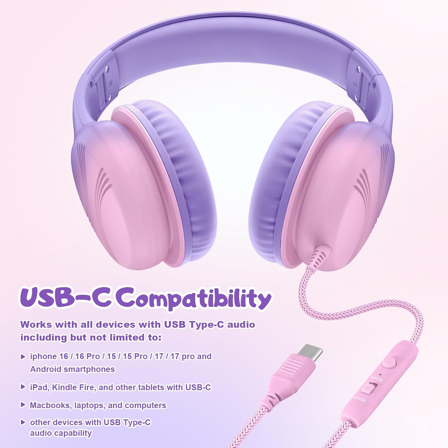Voopwink USB Type C Kids Headphones, Wired Headphones for Kids with Microphone 85/94dB Volume Limit, Stereo Sound Portable Over Ear Headphones for School/Travel/Tablet/iPad, Violet Pink