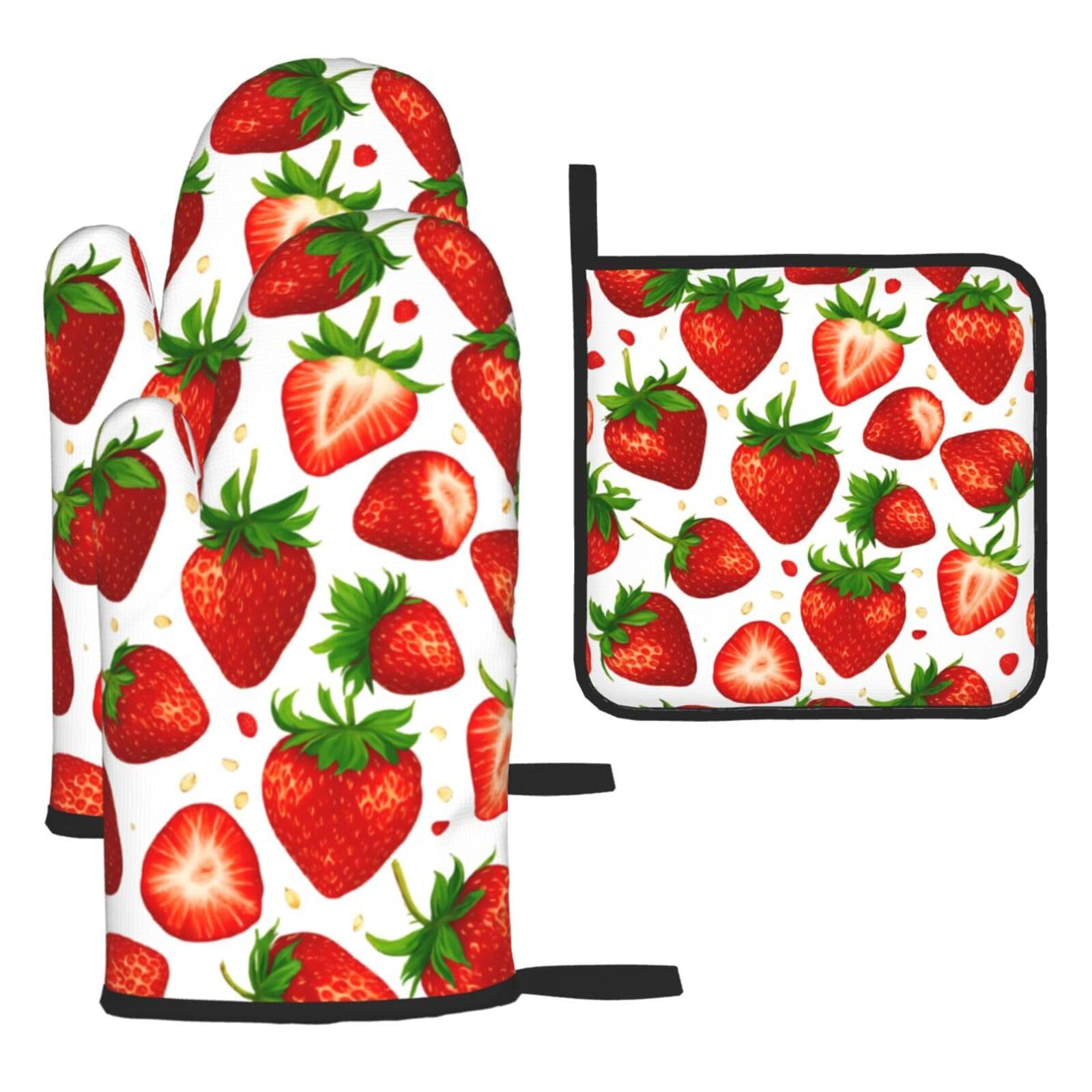 Strawberry Print Oven Kitchen Gloves For Baking Outdoor Grilling Home Use Mitts Microwaving Bbq
