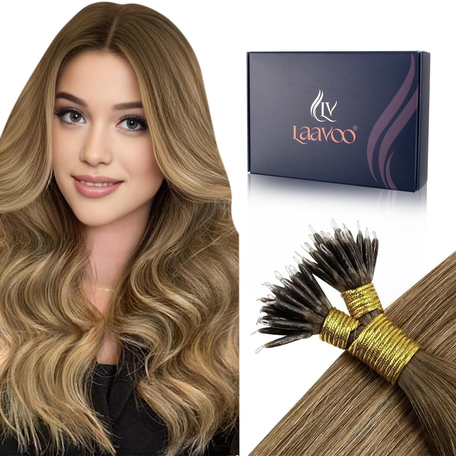 LaaVoo Nanoring Extensions Echthaar Balayage Nanoring Extensions Braun Balayage Nanoring Hair Extensions 35cm Nano Ringe Haare Hellbraun Ombre Goldene Blondine Hellbraun 50g #8/16/8