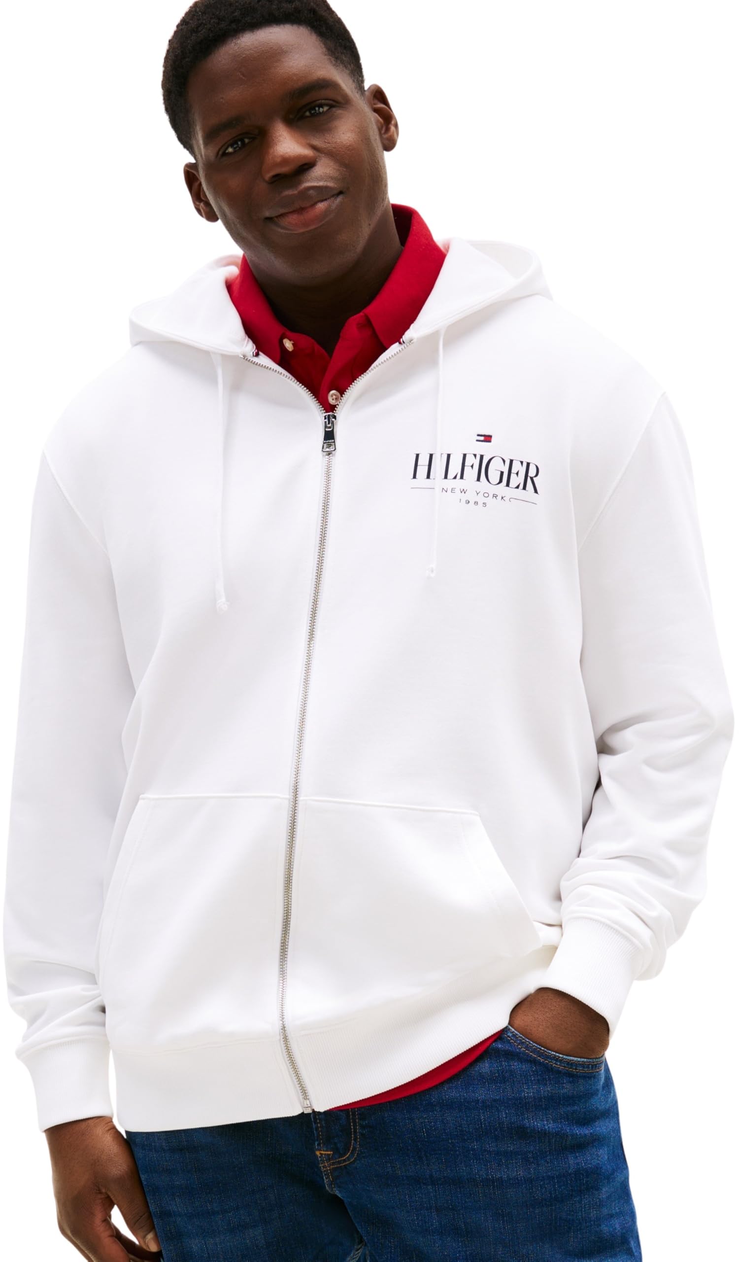 Tommy Hilfiger Men’s Stacked Cotton Hoodie with Zip, White (White), XXL