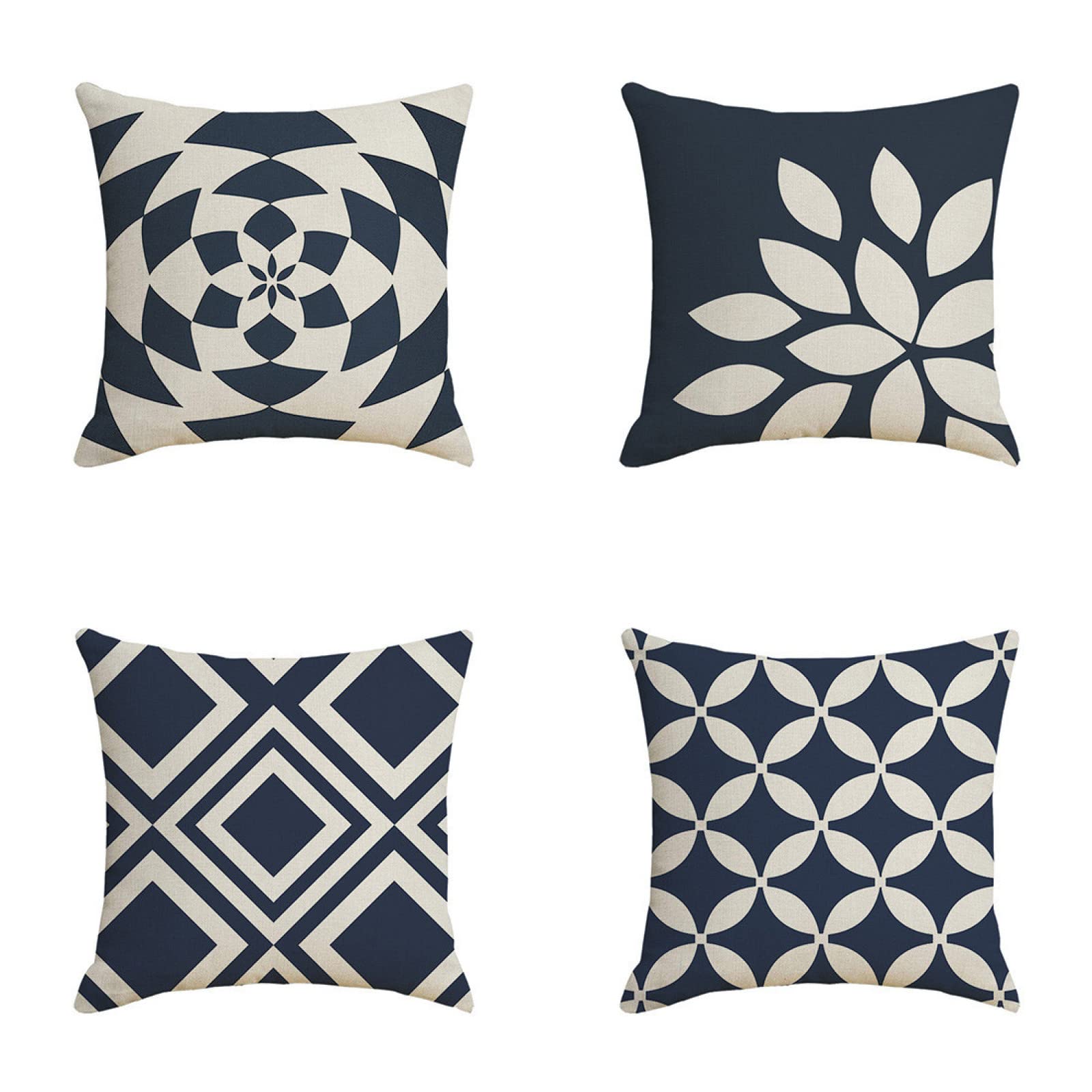 Housse de coussin en lin motif bleu avec finitions haut de gamme