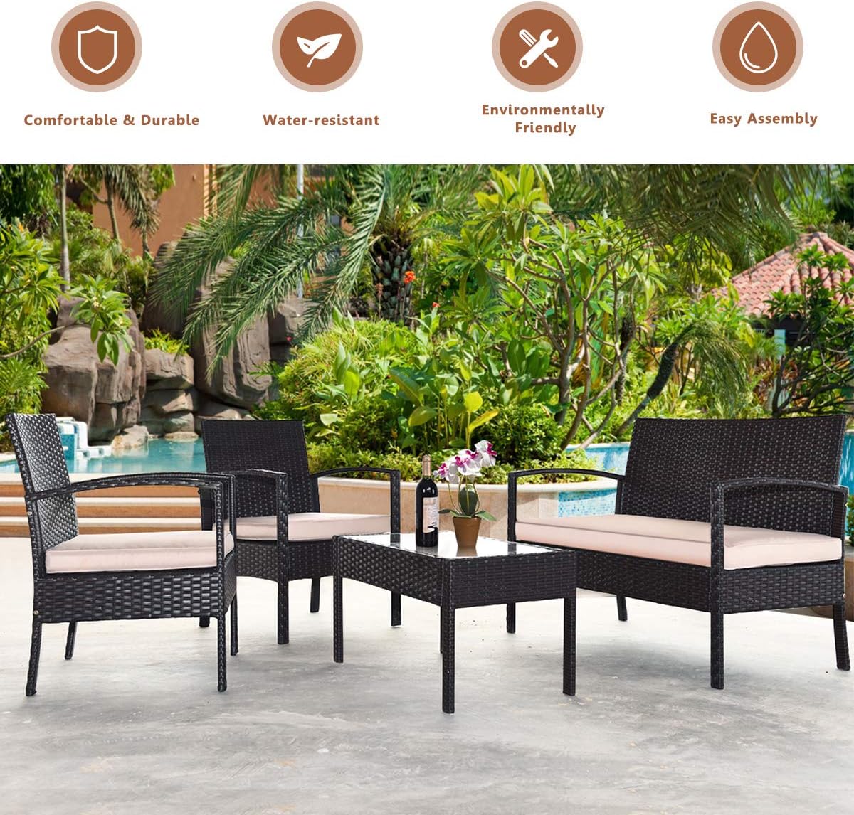 4 Pieces Patio Furniture Set, Wicker Conversation Set with Water-Resistant Cushion & Tempered Glass Table, Porch Deck Furniture Outdoor Rattan Chair for Backyard, Balcony(Beige)