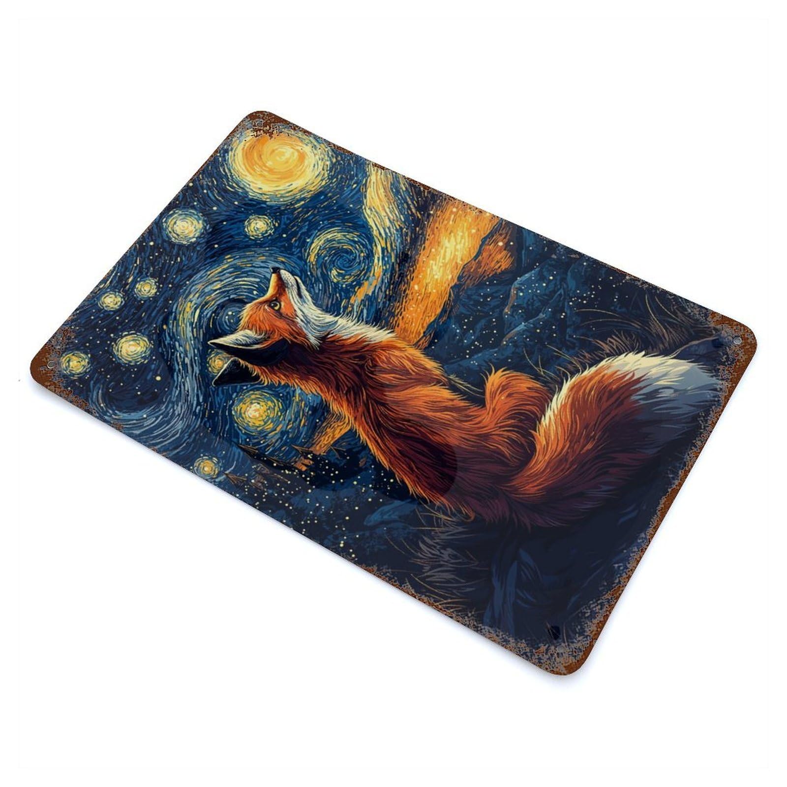 Fox Under Starry Night Rusty Metal Tin Sign 11.8"x7.9", Ideal for Farmhouse, Kitchen And Entryway Decor