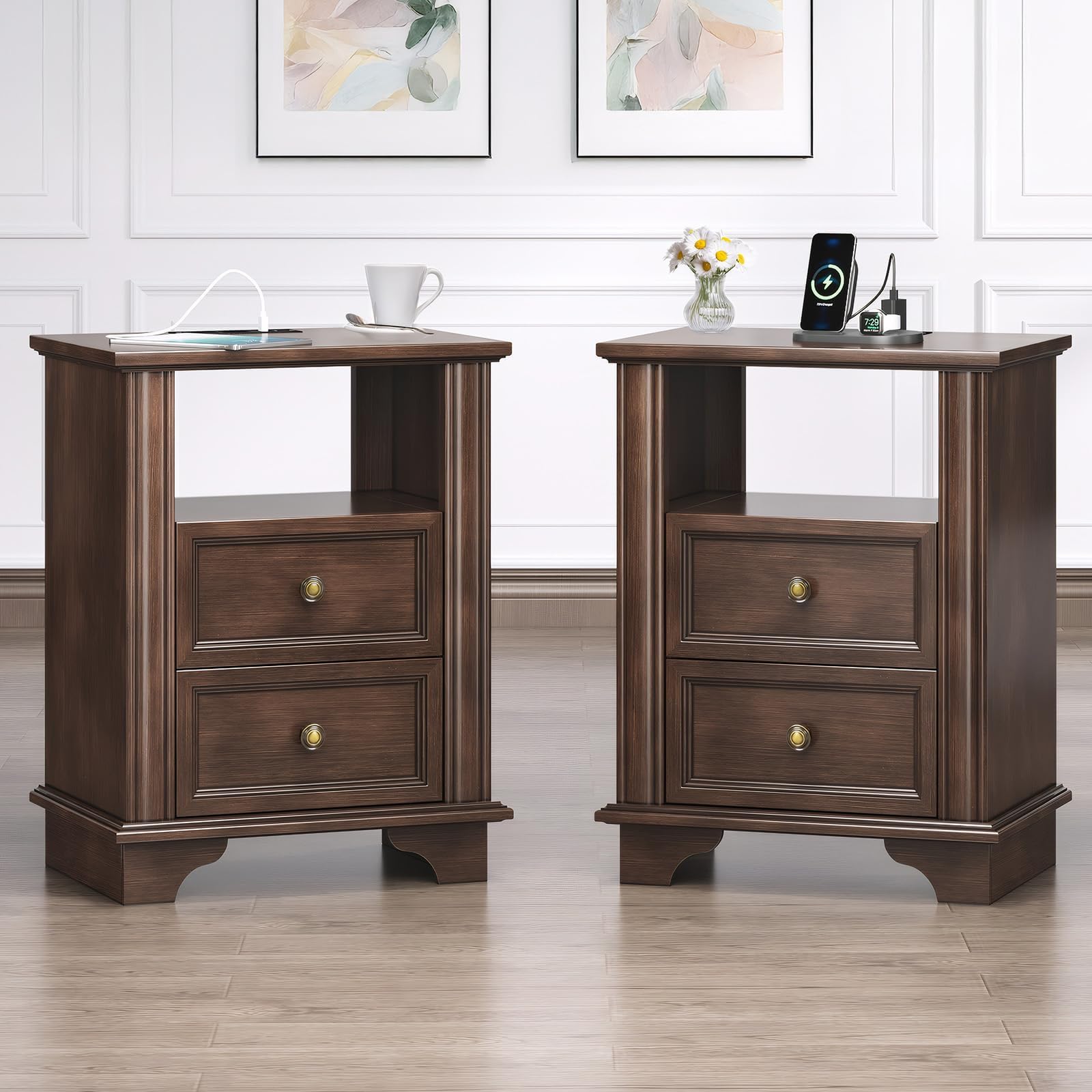 VINGLI 19.7" Nightstands Set of 2, Night Stands with Charging Station, Nightstand with Drawers, Wood Nightstand Bedroom, Bed Side Table, End Table, Night Stand with Charger Station, Brown