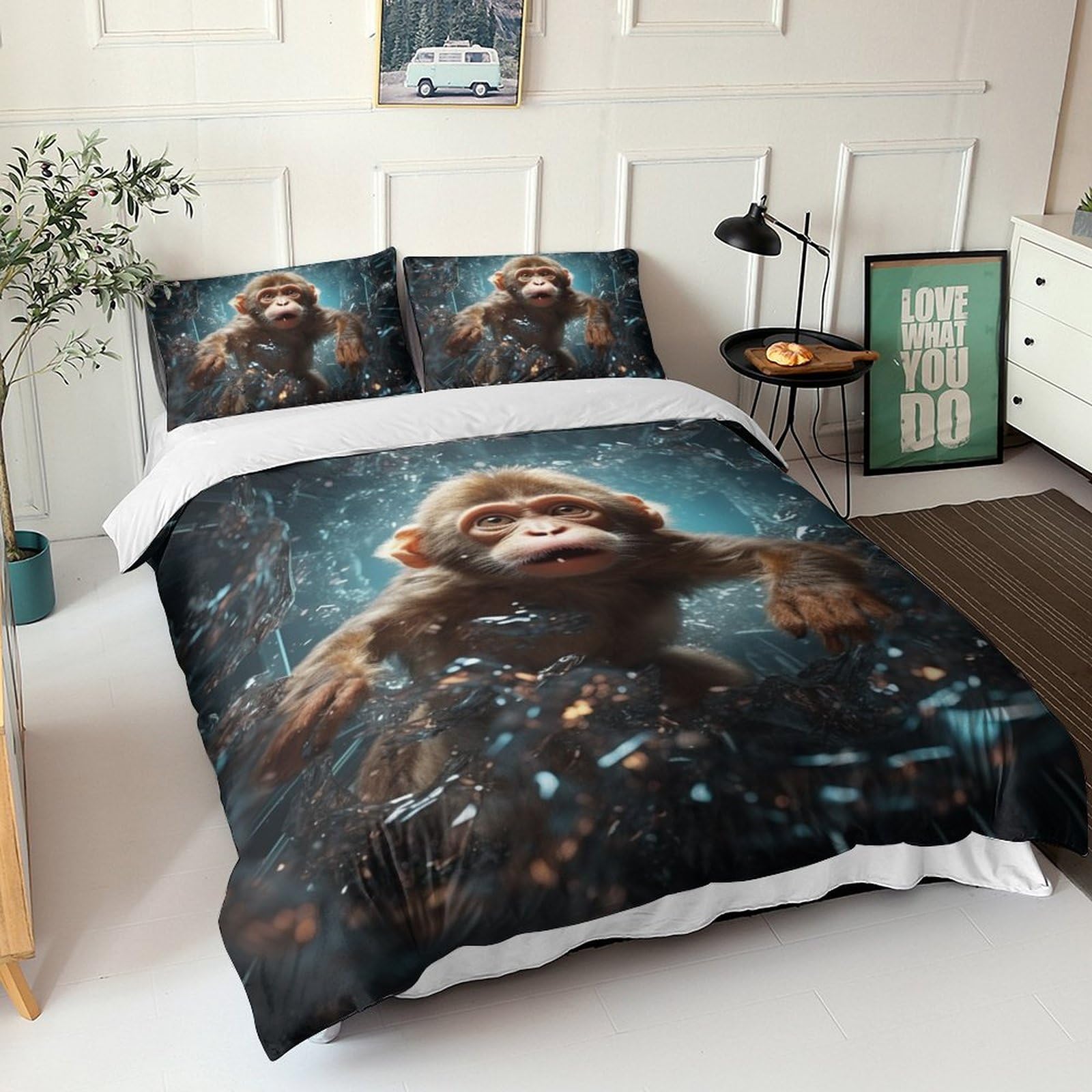 Housse de couette singe anti-plis et hypoallergénique pour lit adulte