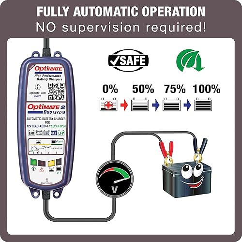Miniatura 3 de Tecmate Optimate 2 Duo, TM-551, Serie Bronce Cargador y mantenedor de batería sellada de 5 pasos 12V12.8V 2A, azul